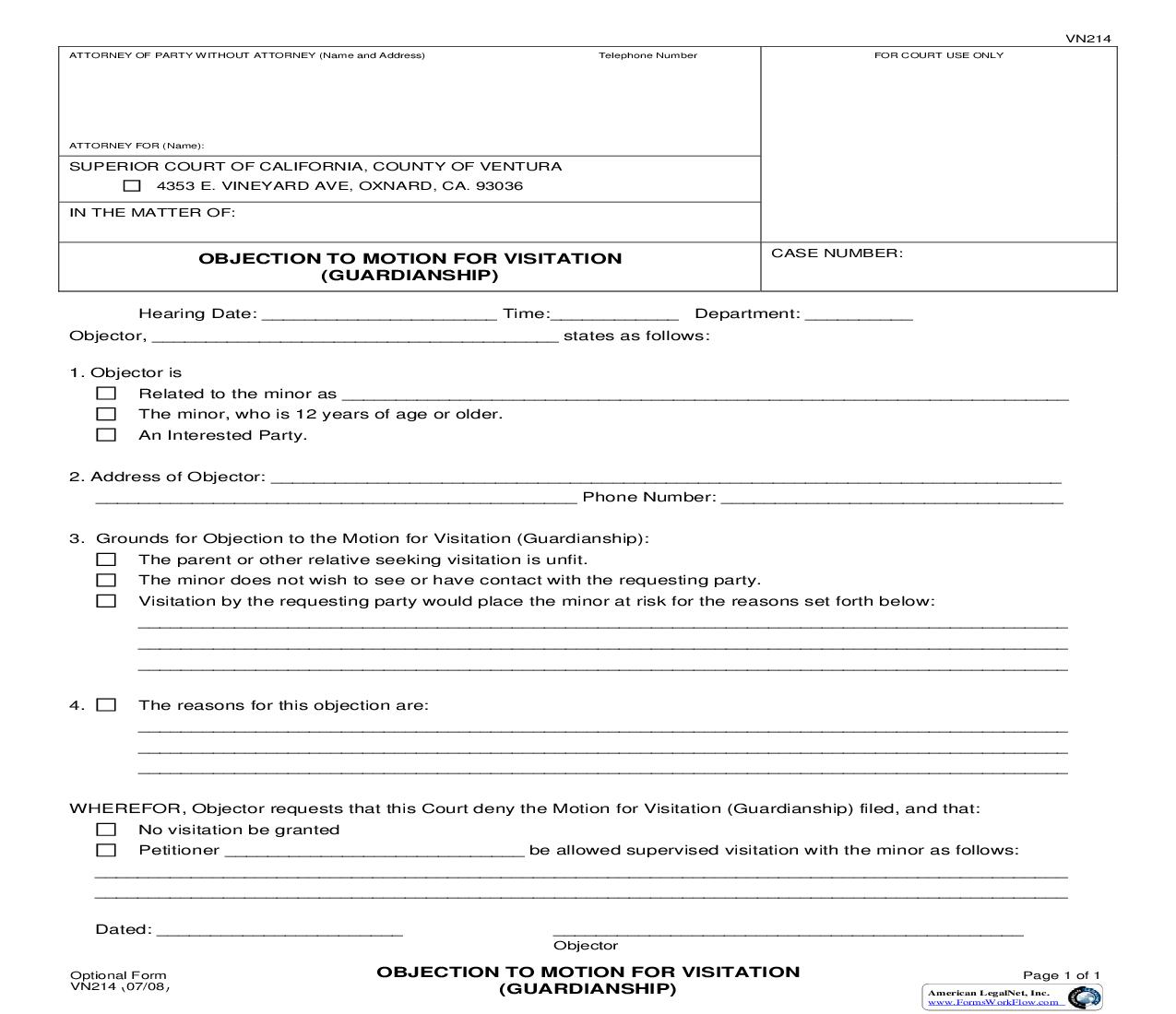 Objection To Motion For Visitation (Guardianship) {VN214} | Pdf Fpdf Doc Docx | California