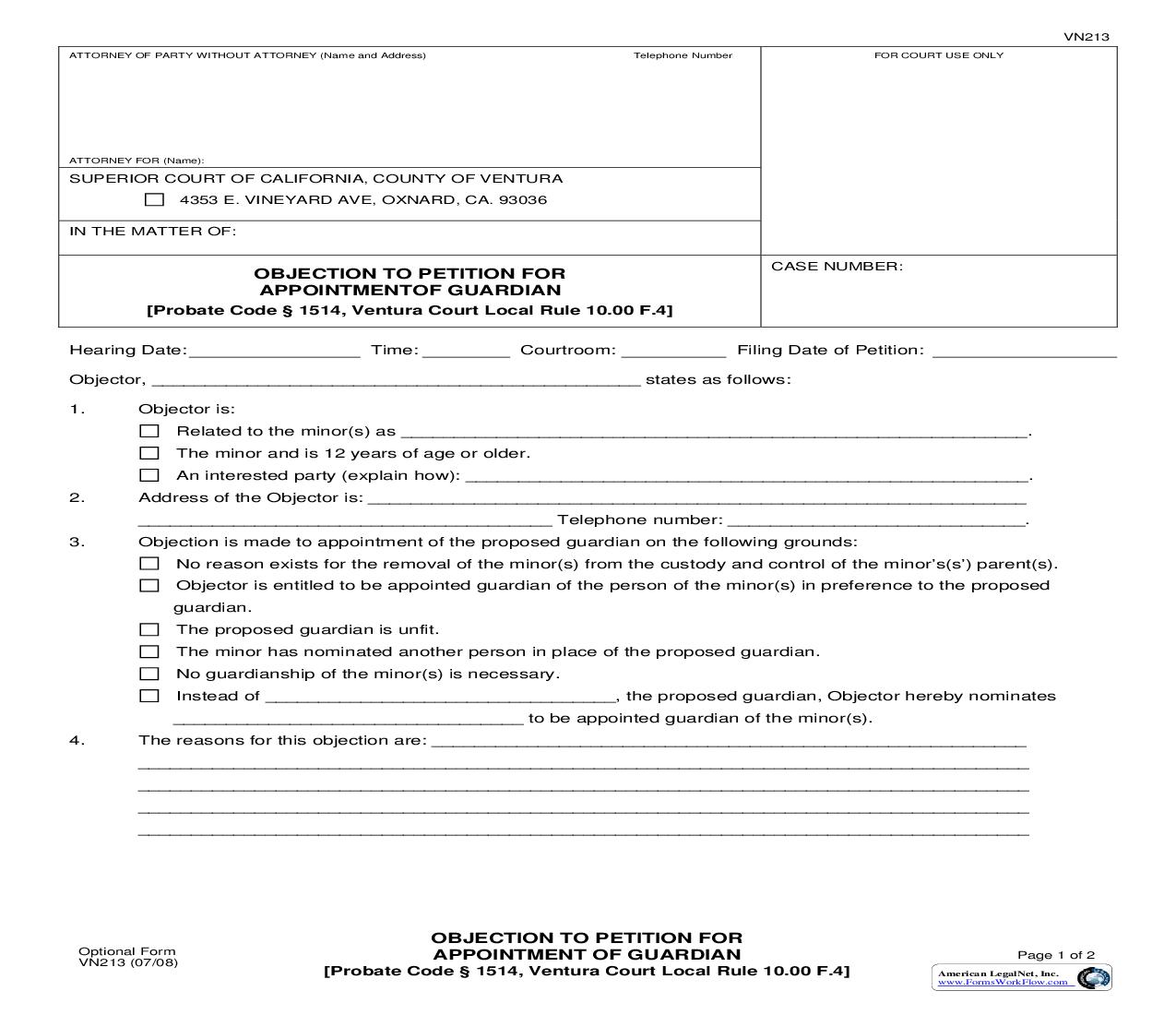 Objection To Petition For Appointment Of Guardian {VN213} | Pdf Fpdf Doc Docx | California