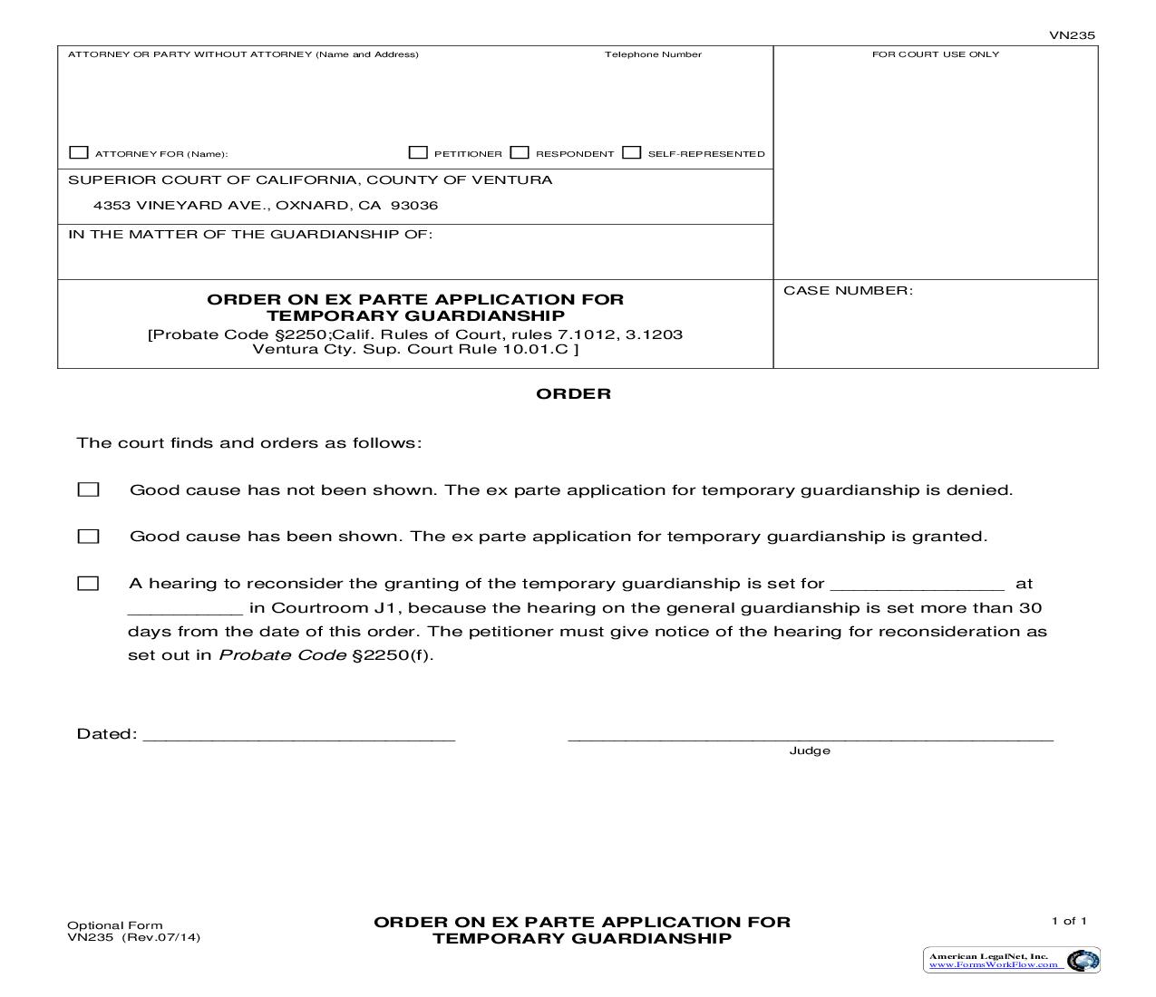 Order On Ex Parte Application For Temporary Guardianship {VN235} | Pdf Fpdf Doc Docx | California