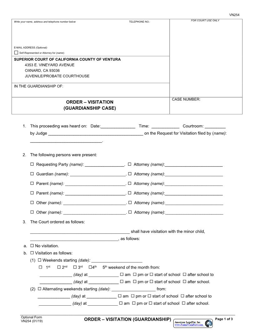 Order-Visitation (Guardianship) {VN254} | Pdf Fpdf Docx | California