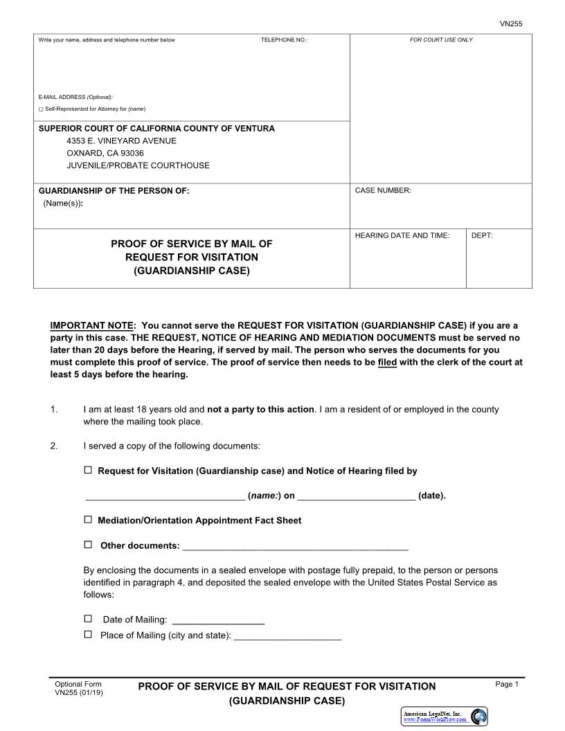 Proof Of Service By Mail Of Request For Visitation (Guardianship Case) {VN255} | Pdf Fpdf Docx | California