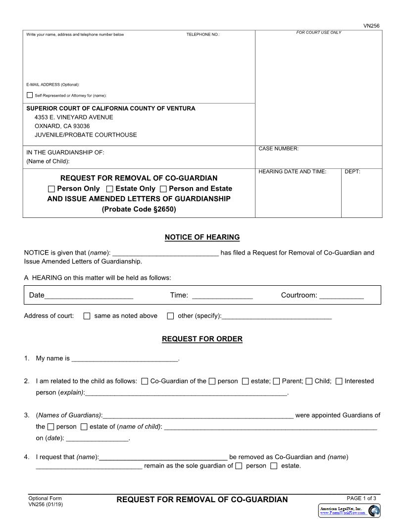 Request For Removal Of Co-Guardian {VN256} | Pdf Fpdf Docx | California