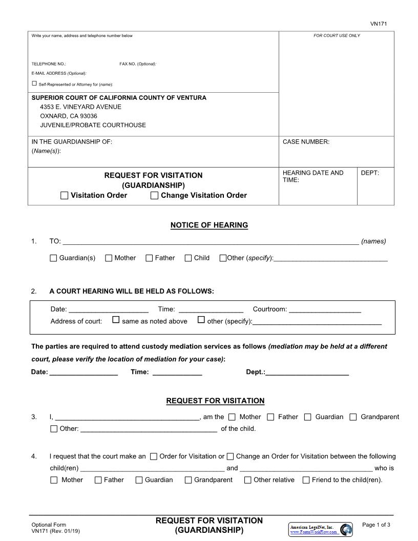 Request For Visitation (Guardianship) {VN171} | Pdf Fpdf Docx | California