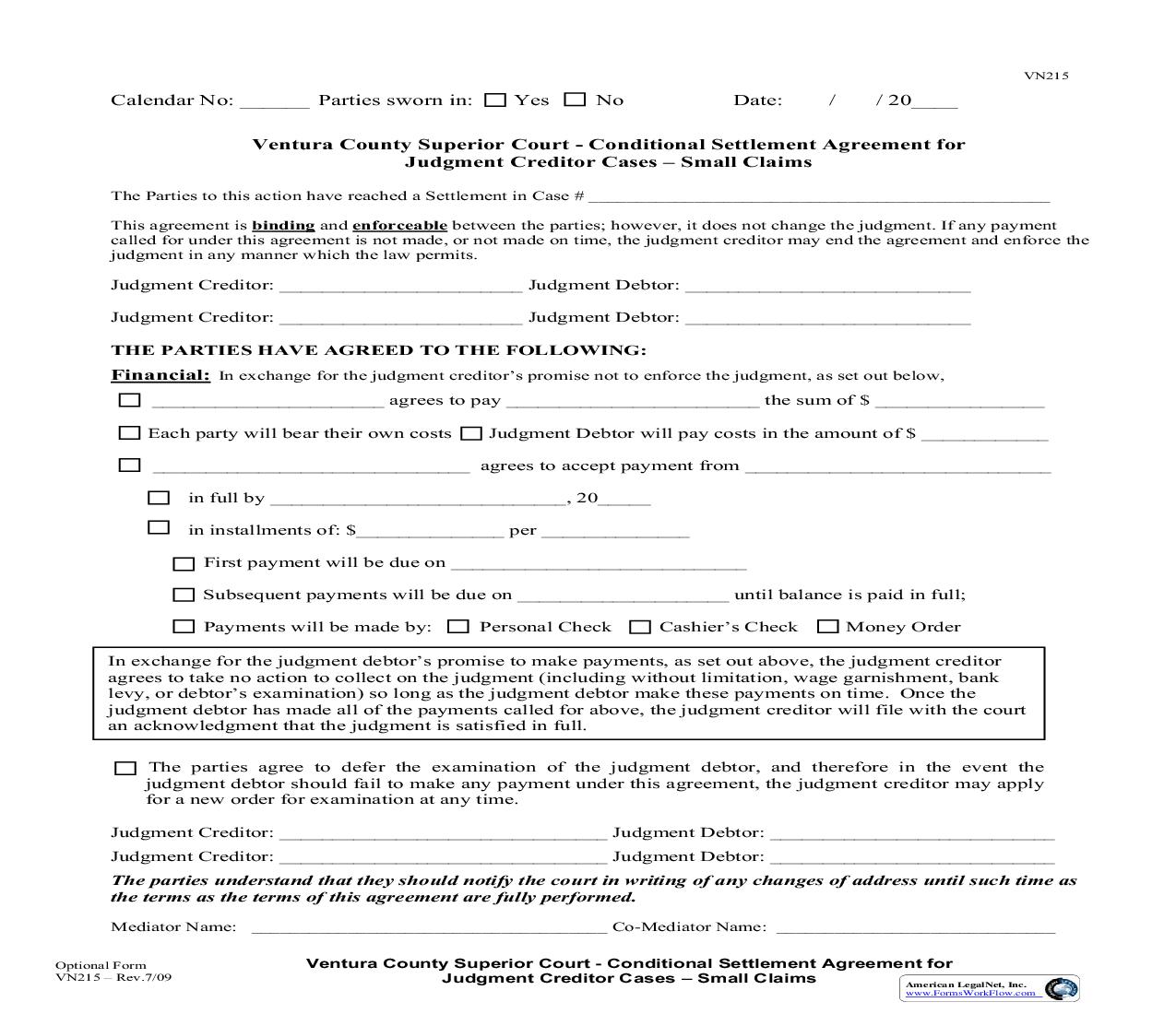 Conditional Settlement Agreement For Judgment Creditor Cases-Small Claims {VN215} | Pdf Fpdf Doc Docx | California