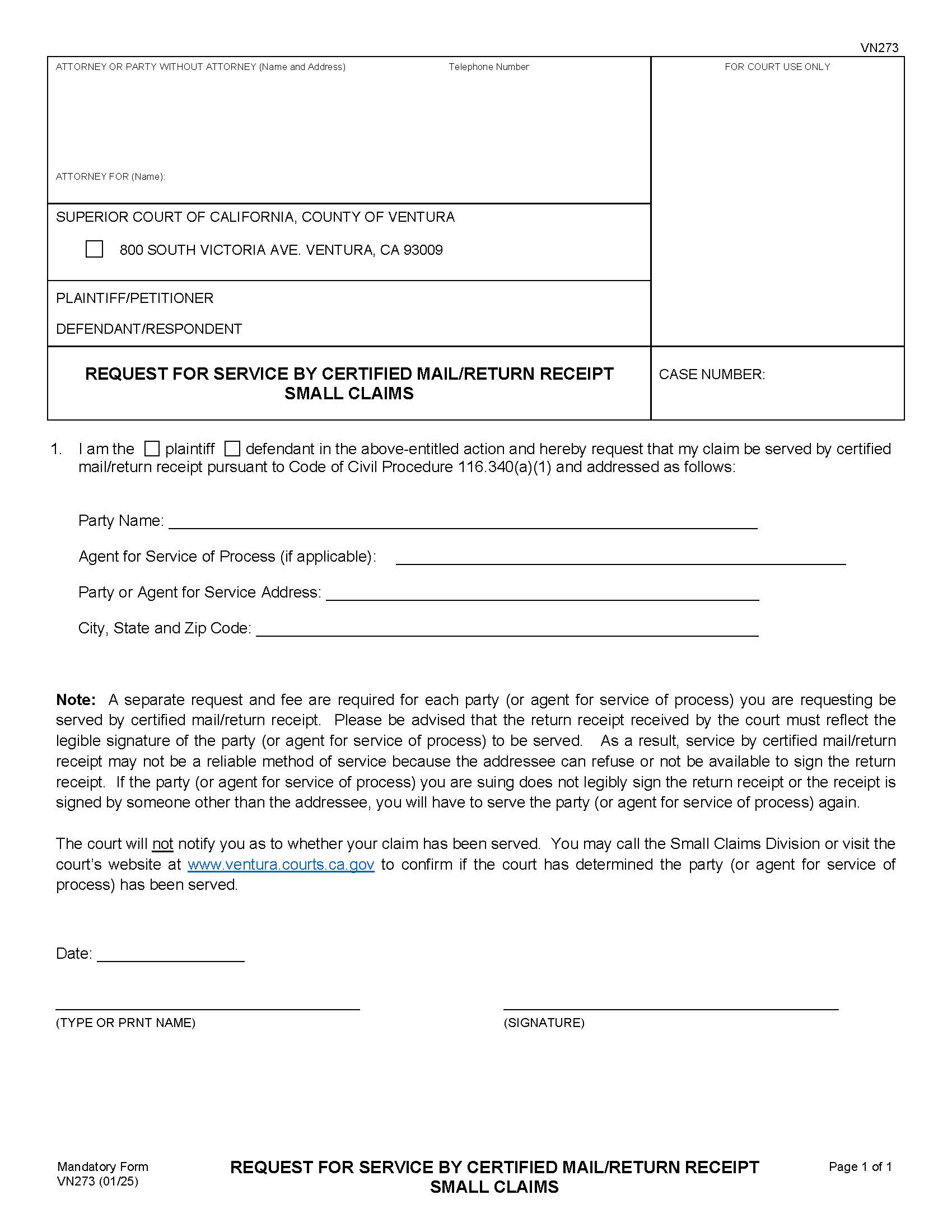 Request For Service By Certified Mail-Return Receipt-Small Claims {VN273} | Pdf Fpdf Docx | California