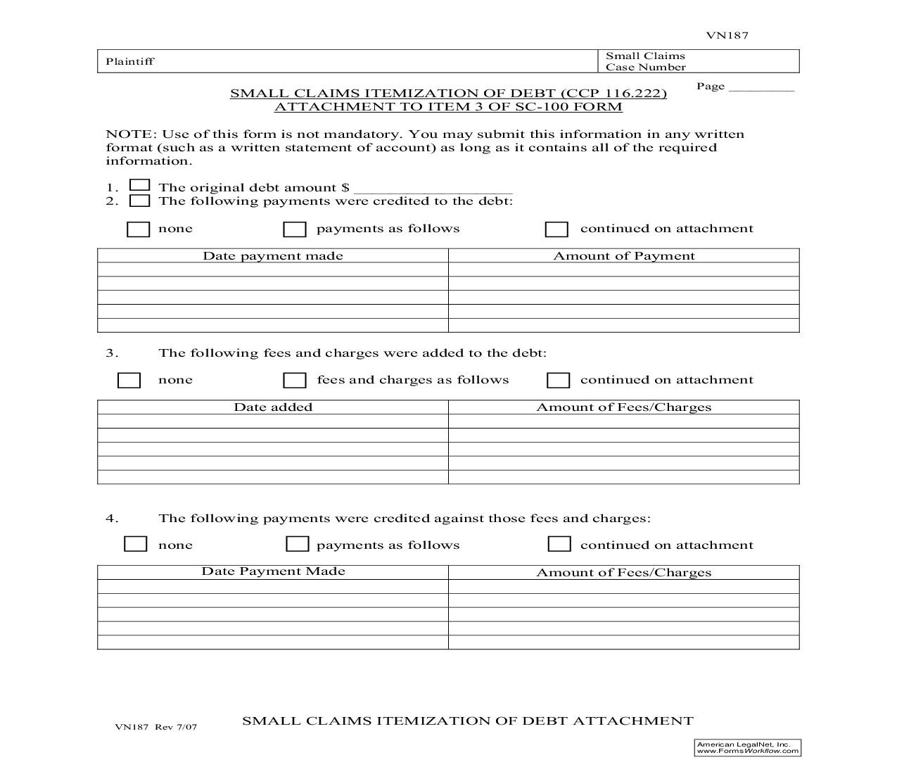 Small Claims Itemization Of Debt Attachment {VN187} | Pdf Fpdf Doc Docx | California