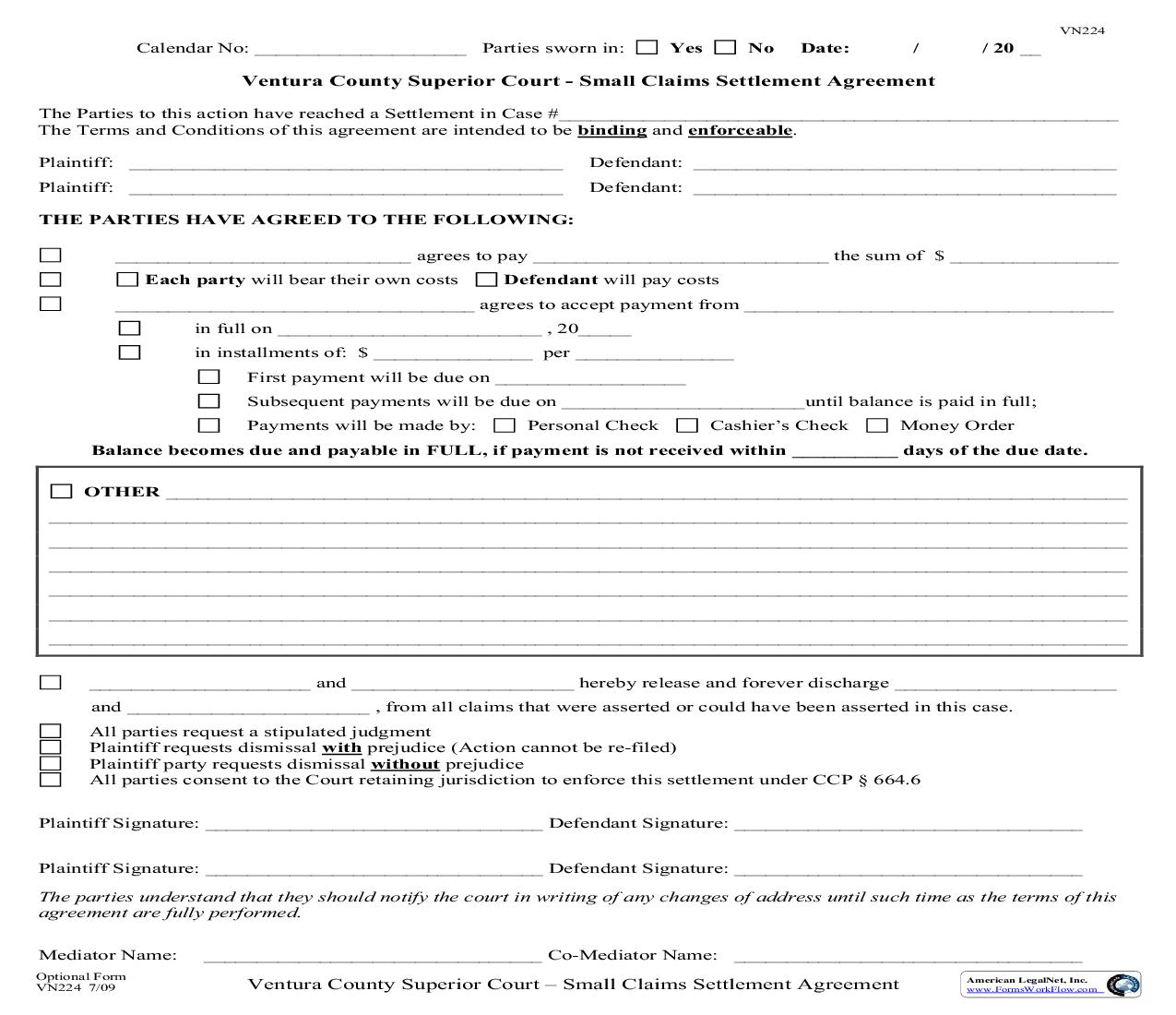 Small Claims Settlement Agreement {VN224} | Pdf Fpdf Doc Docx | California