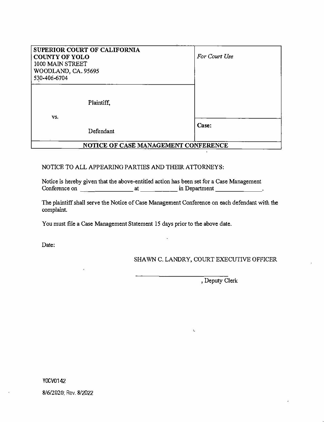 Notice Of Case Management Conference {YOCV-0142} | Pdf Fpdf Docx | California
