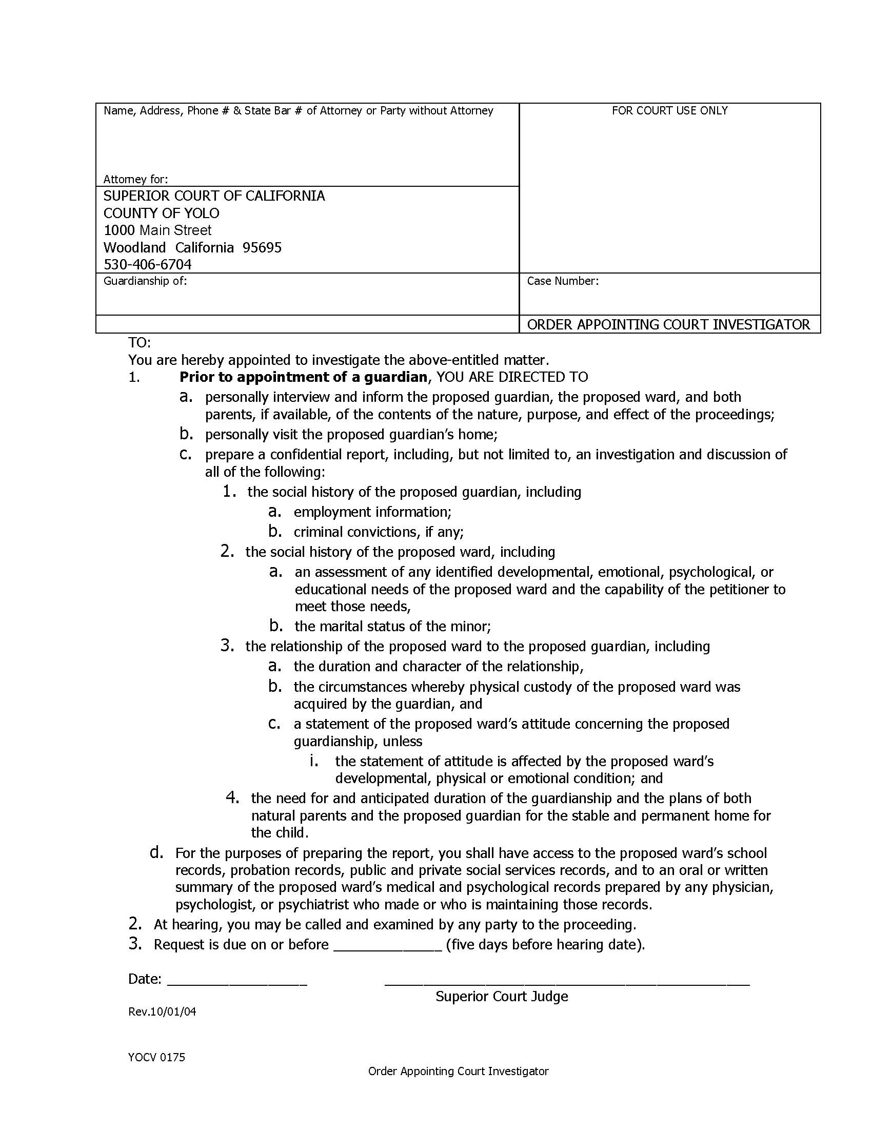 Order Appointing Court Investigator {YOCV 0175} | Pdf Fpdf Doc Docx | California