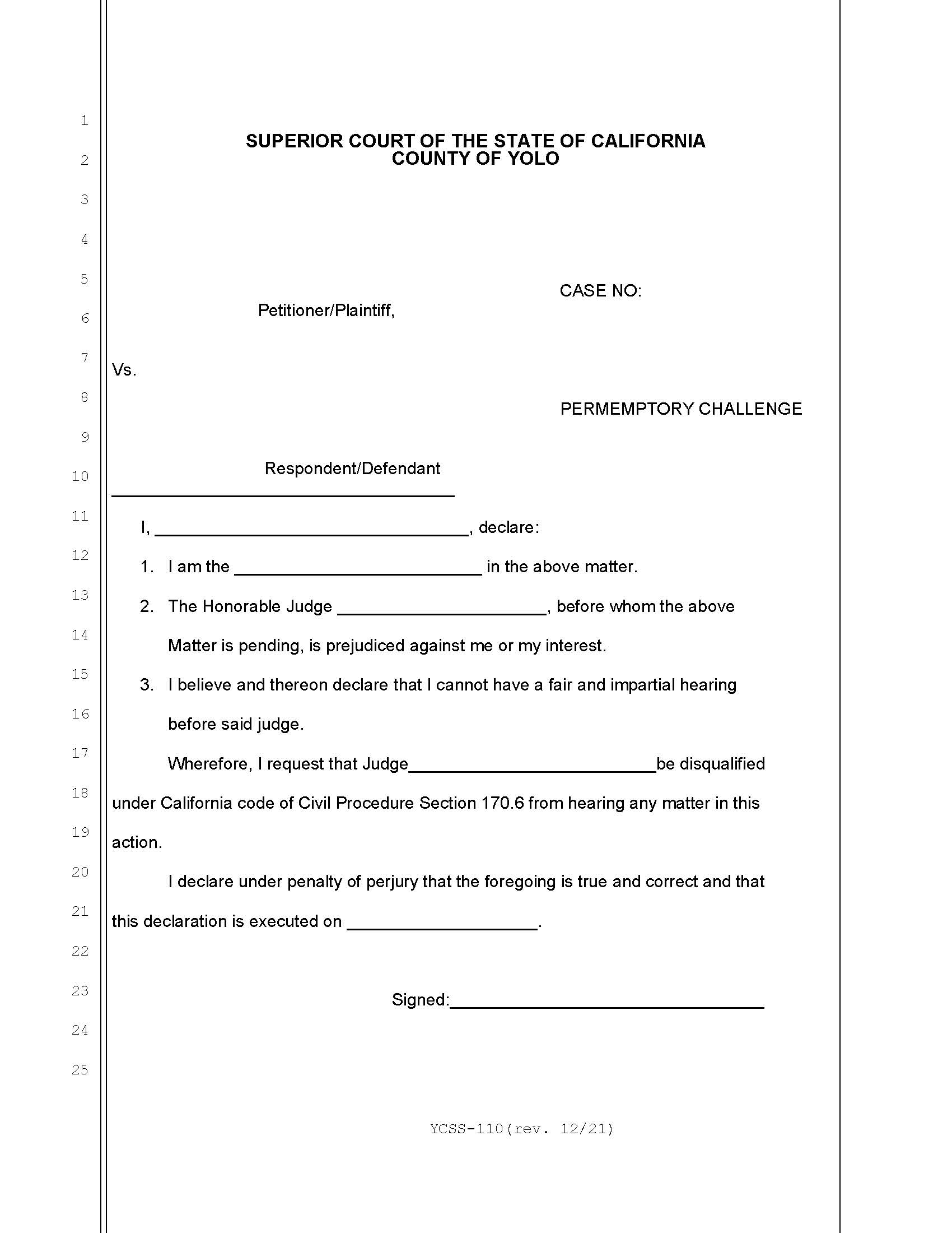 Permemptory Challenge {YCSS-110} | Pdf Fpdf Docx | California