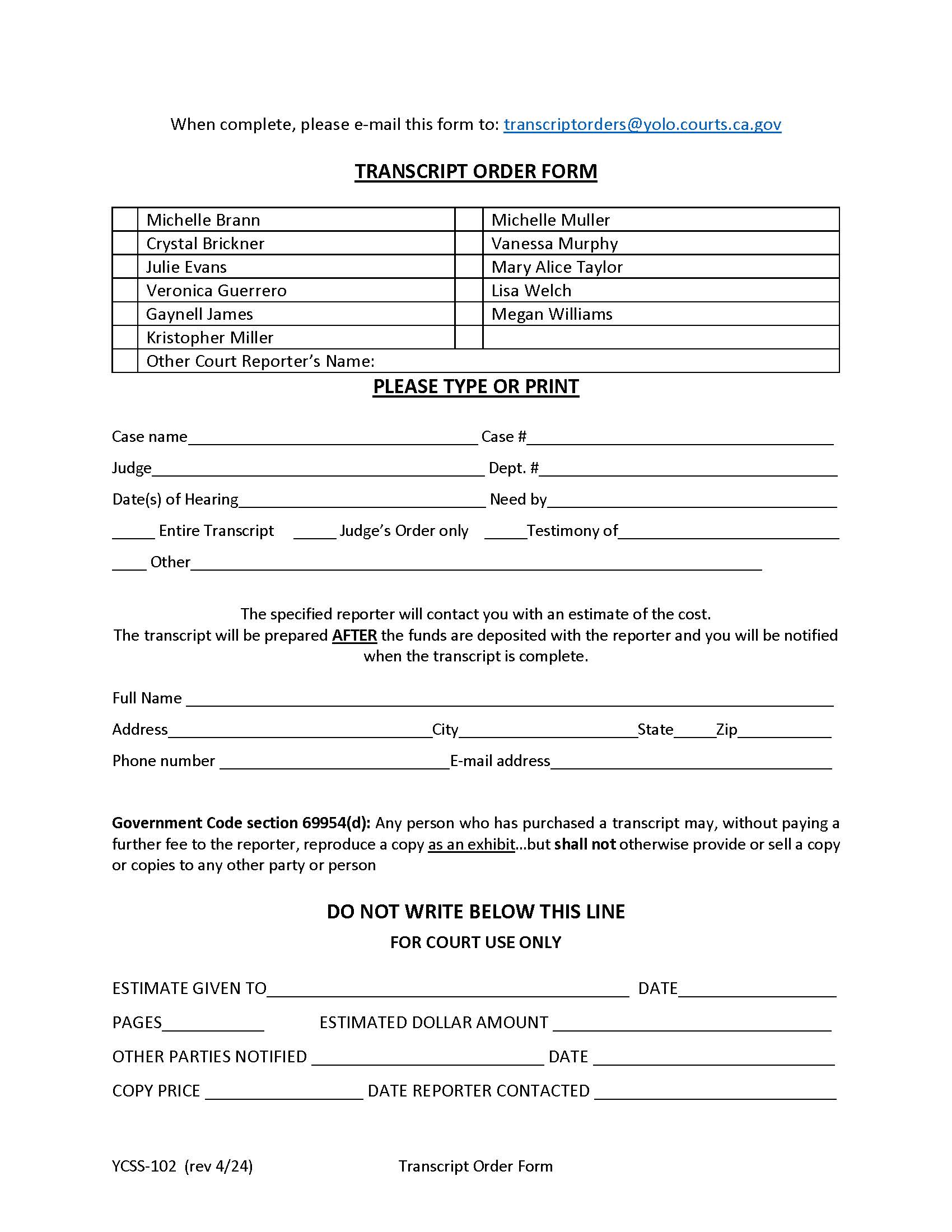 Transcript Order {YCSS-102} | Pdf Fpdf Docx | California