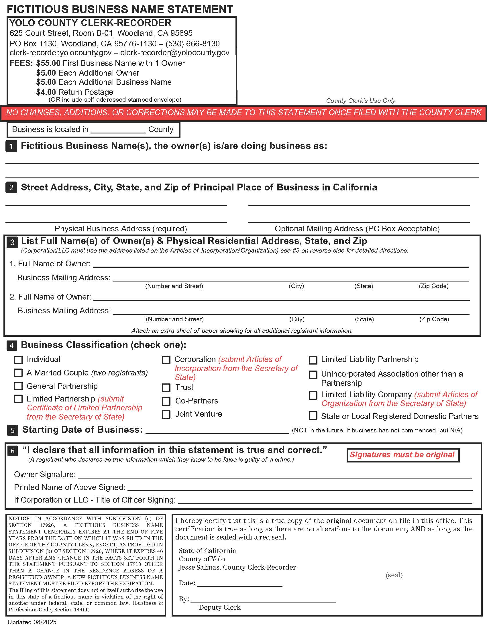 Fictitious Business Name Statement (Yolo) | Pdf Fpdf Doc Docx | California