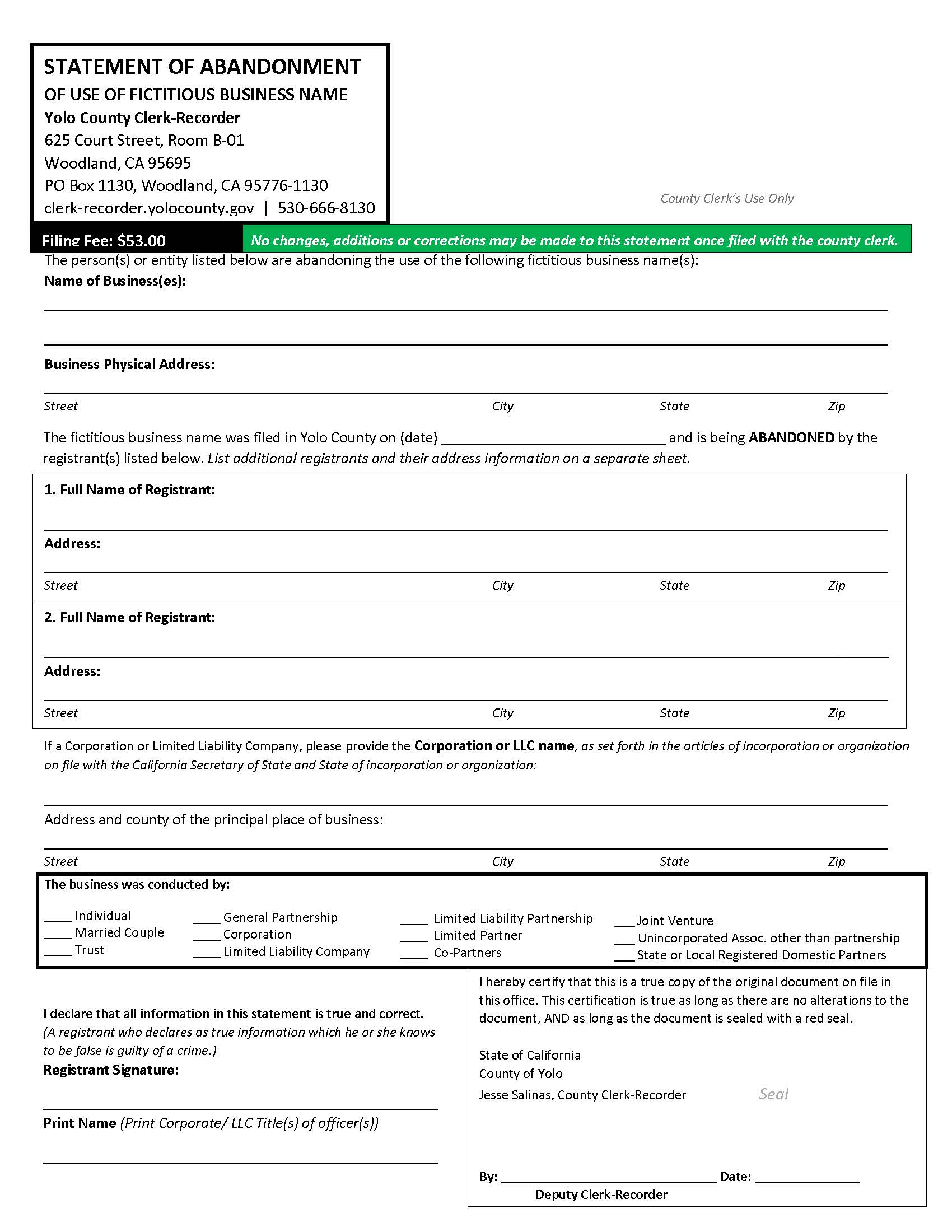 Statement Of Abandonment Of Use Of Fictitious Business Name (Yolo) | Pdf Fpdf Doc Docx | California
