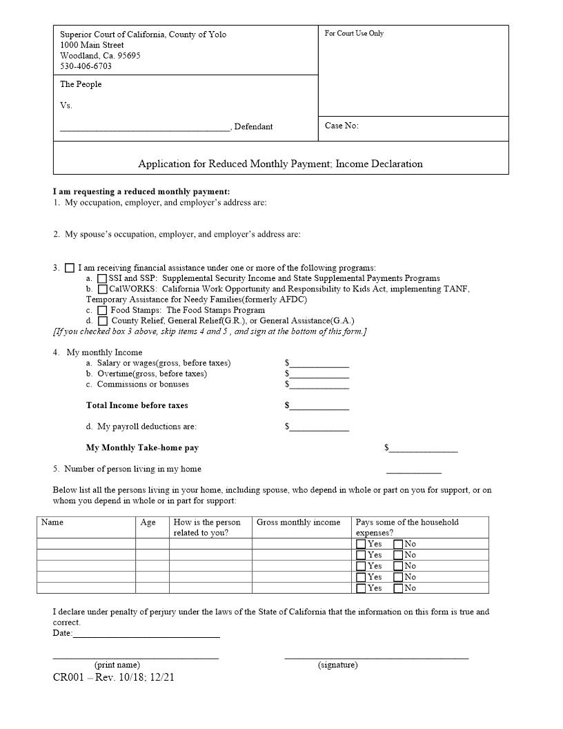 Application For Reduced Monthly {CR-001} | Pdf Fpdf Docx | California