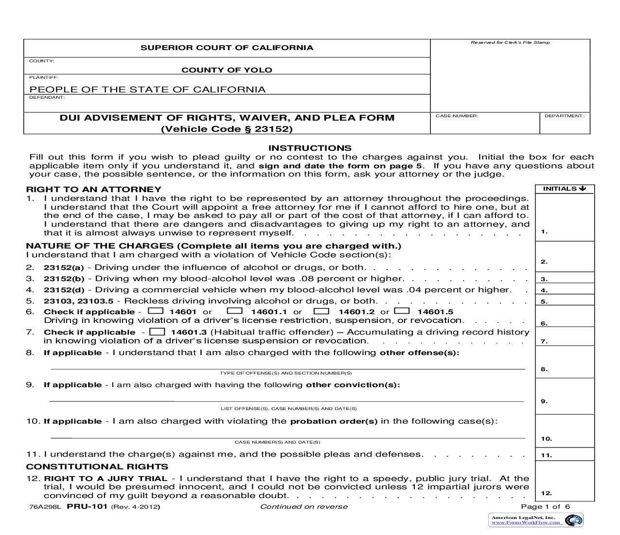 DUI Advisement Of Rights Waiver And Plea Form {PRU-101} | Pdf Fpdf Doc Docx | California