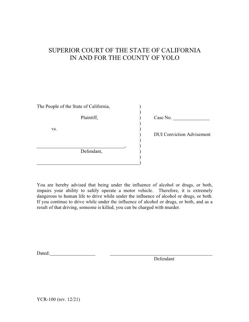 DUI Conviction Advisement {YCR-100} | Pdf Fpdf Docx | California