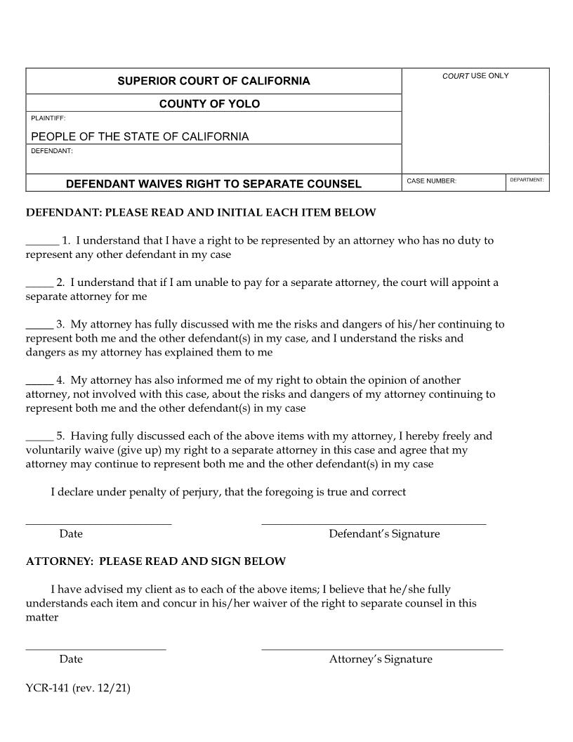Defendant Waives Right To Separate Counsel {YCR-141} | Pdf Fpdf Docx | California