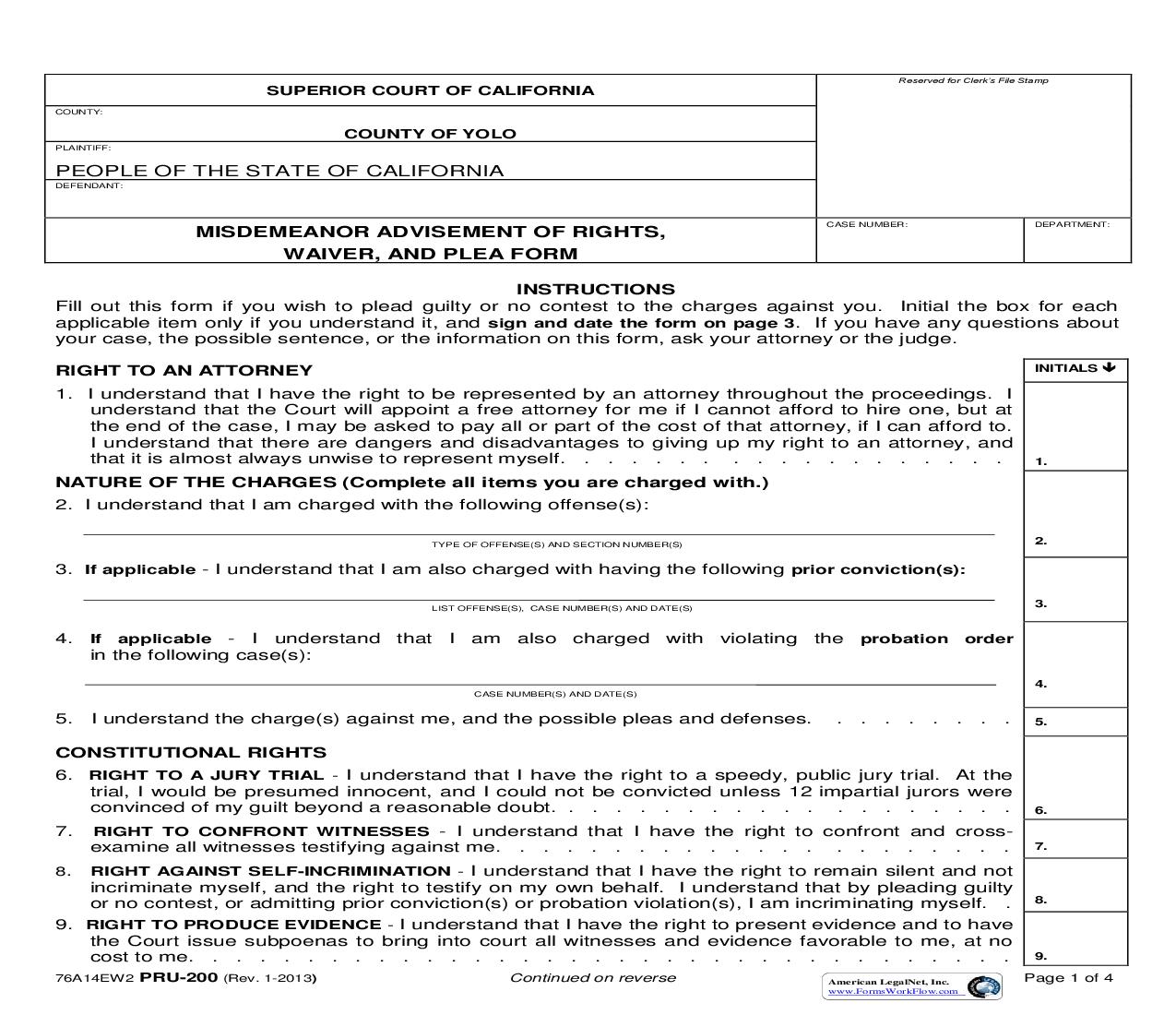 Misdemeanor Advisement Of Rights Waiver And Plea Form {PRU-200} | Pdf Fpdf Doc Docx | California