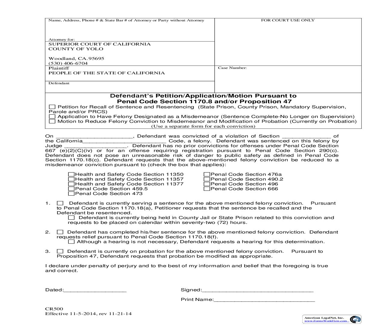 Petition For Recall Of Sentence (Defendants Petition-Application-Motion) {CR500} | Pdf Fpdf Doc Docx | California