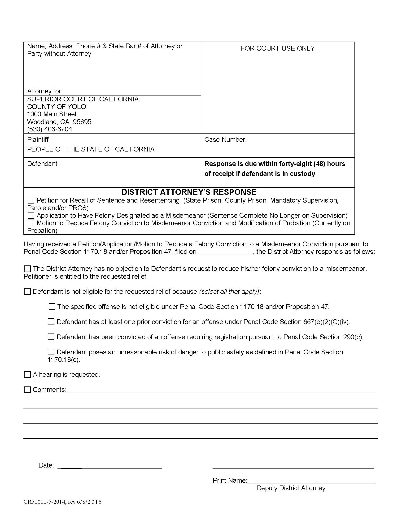 Prop 47-DA Response To Petition {CR-510} | Pdf Fpdf Doc Docx | California