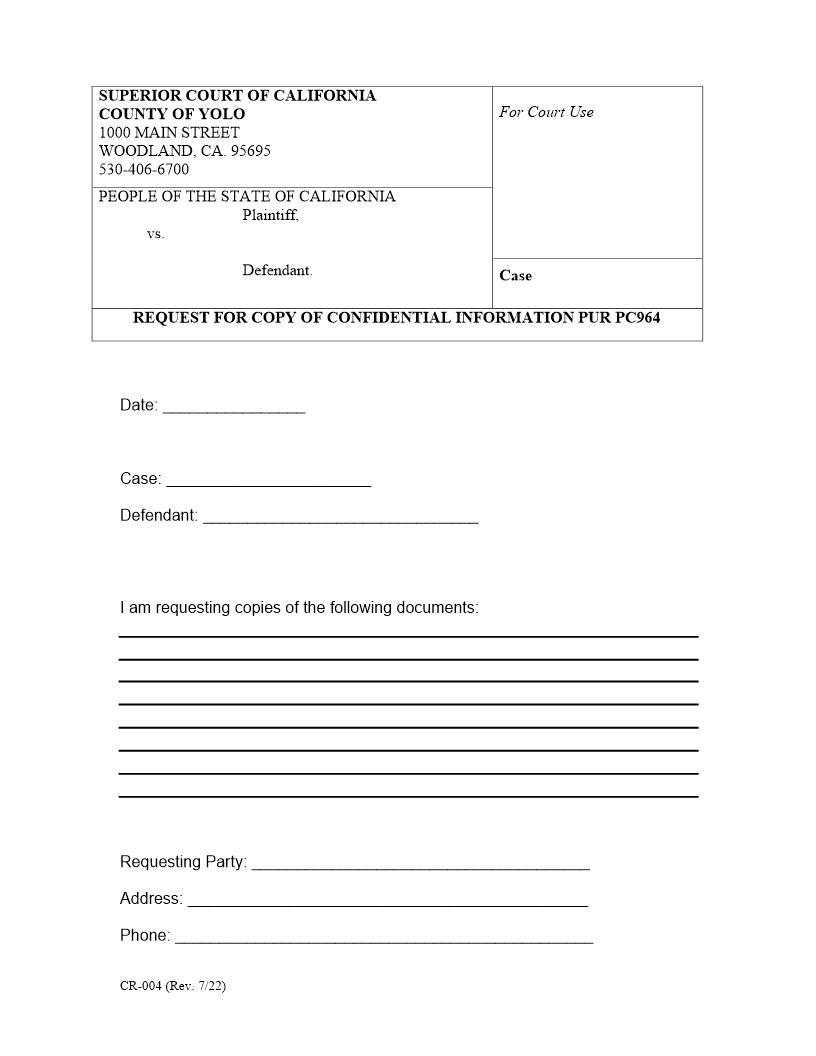 Request For Confidential Documents {CR-004} | Pdf Fpdf Docx | California