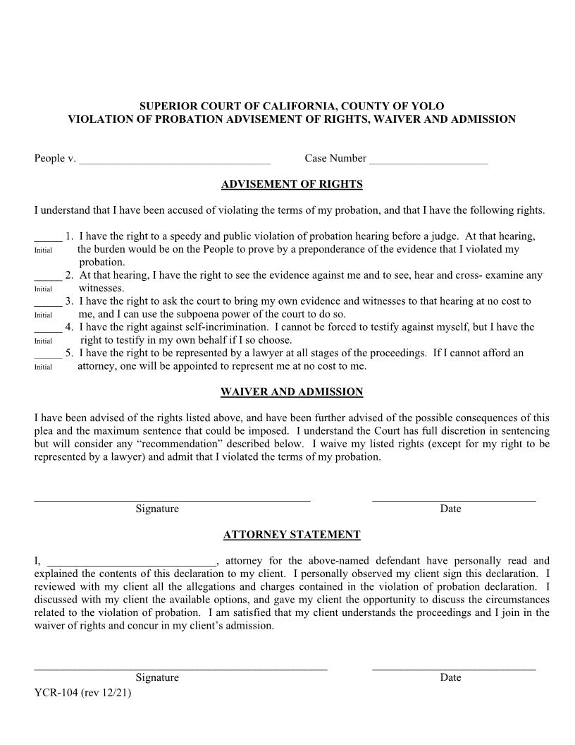 VOP Advisement Of Rights {YCR-104} | Pdf Fpdf Docx | California