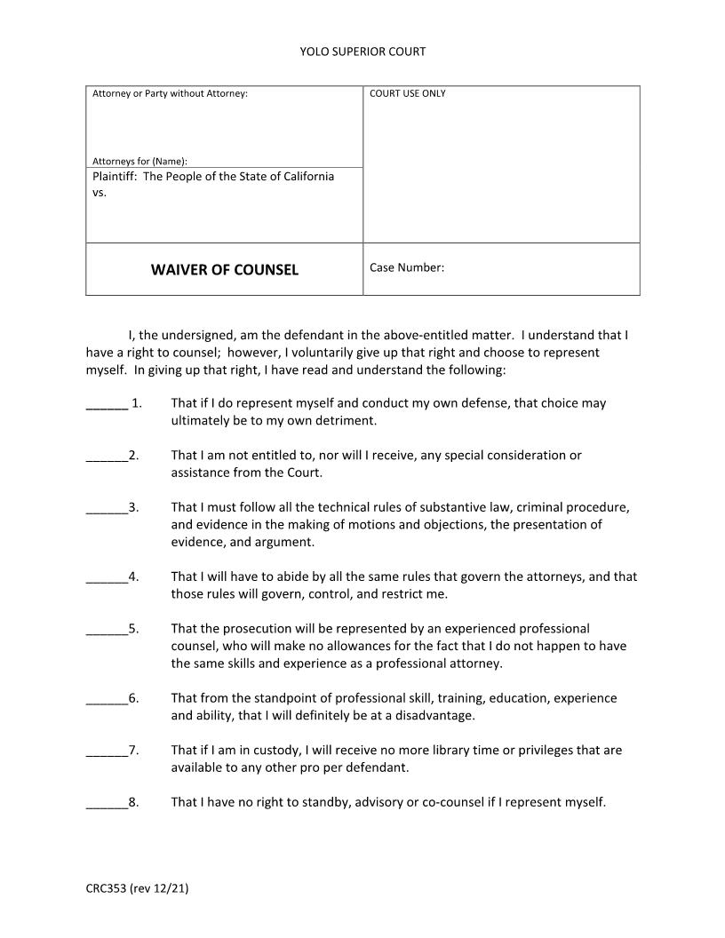 Waiver Of Counsel {CRC-353} | Pdf Fpdf Docx | California
