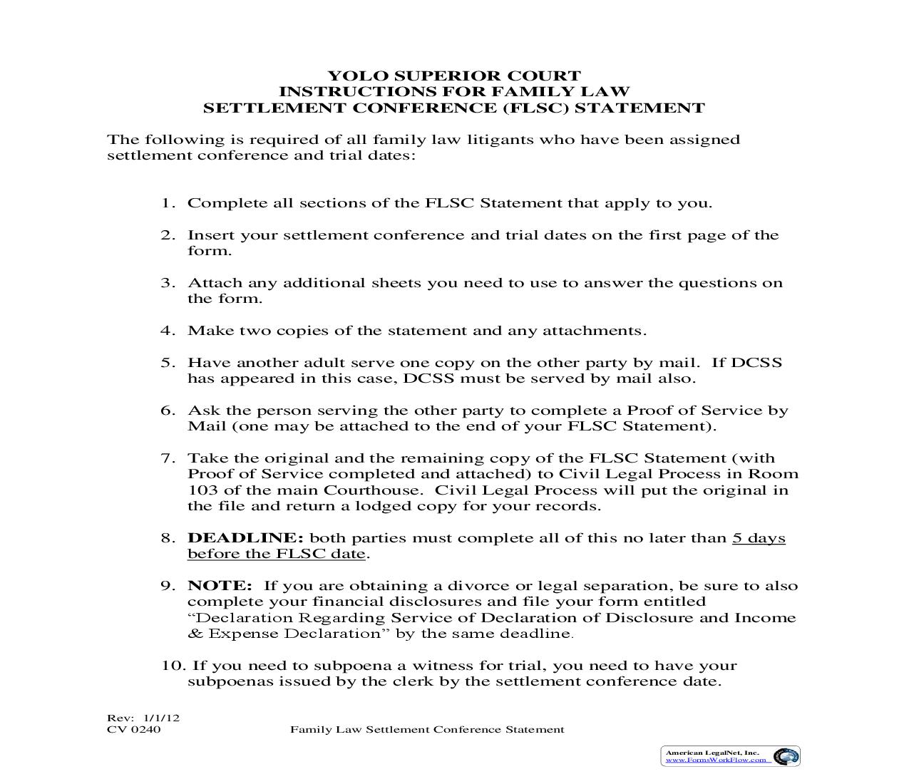 Family Law Settlement Conference Statement {CV 0240} | Pdf Fpdf Doc Docx | California