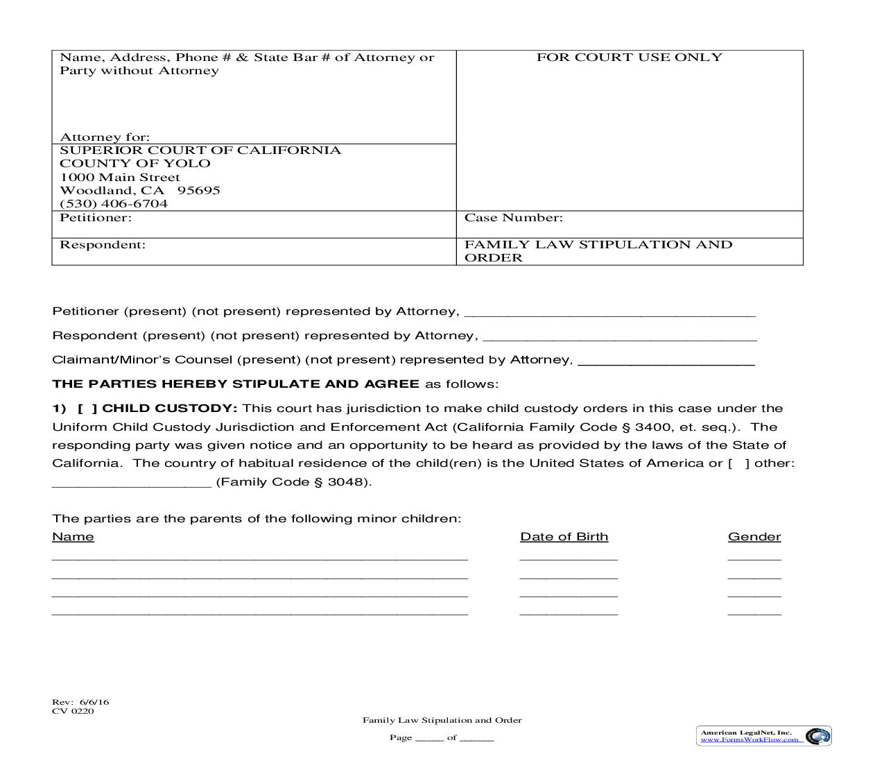 Family Law Stipulation And Order (On Order To Show Cause Notice Of Motion) {CV 0220} | Pdf Fpdf Doc Docx | California