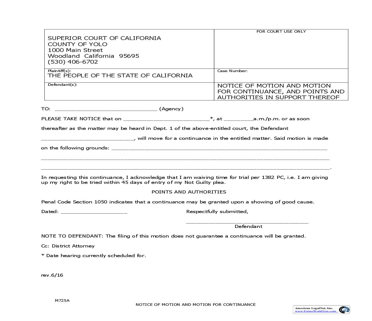 Notice Of Motion And Motion For Continuance {M725A} | Pdf Fpdf Doc Docx | California