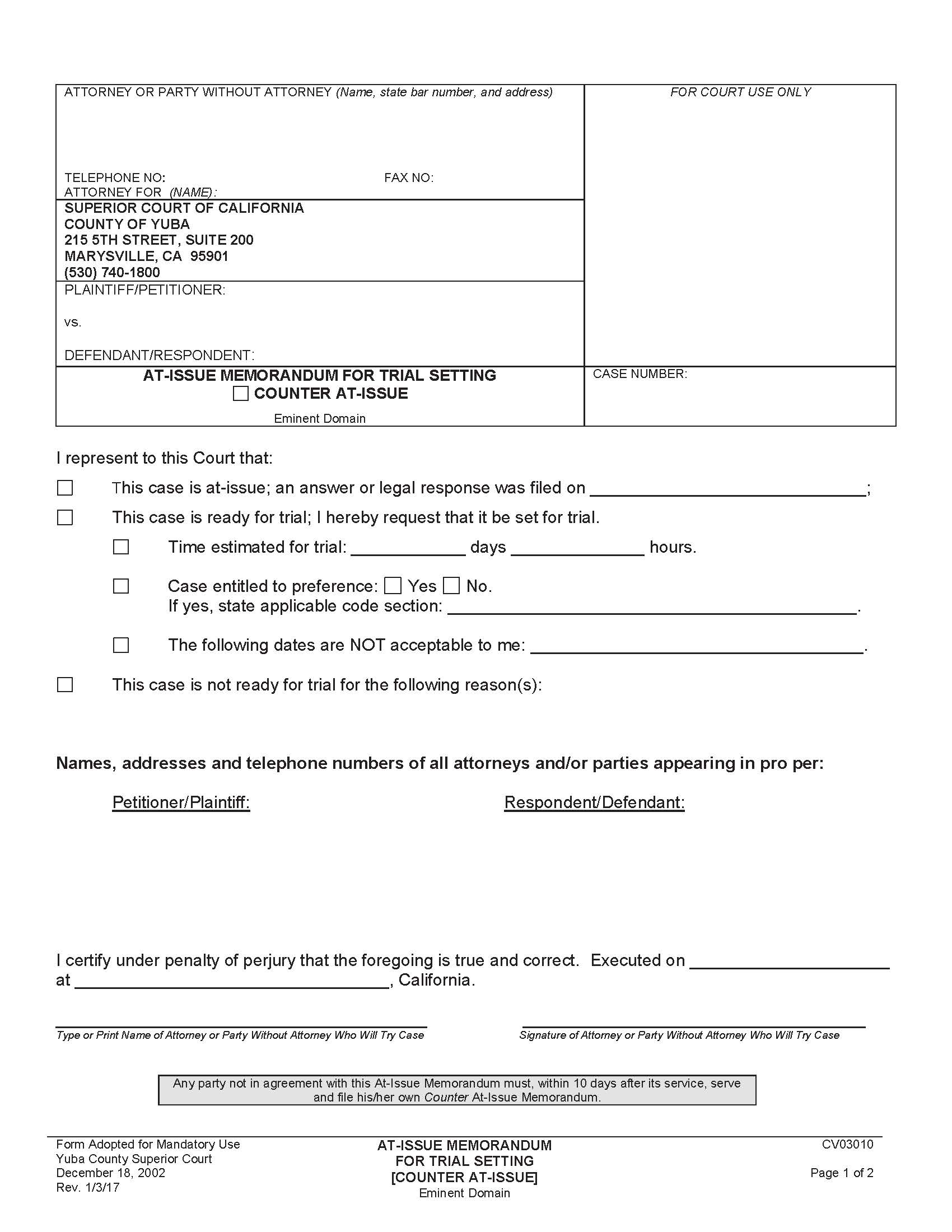 At-Issue Memorandum For Trial Setting (Counter At-Issue) {CV03010} | Pdf Fpdf Doc Docx | California