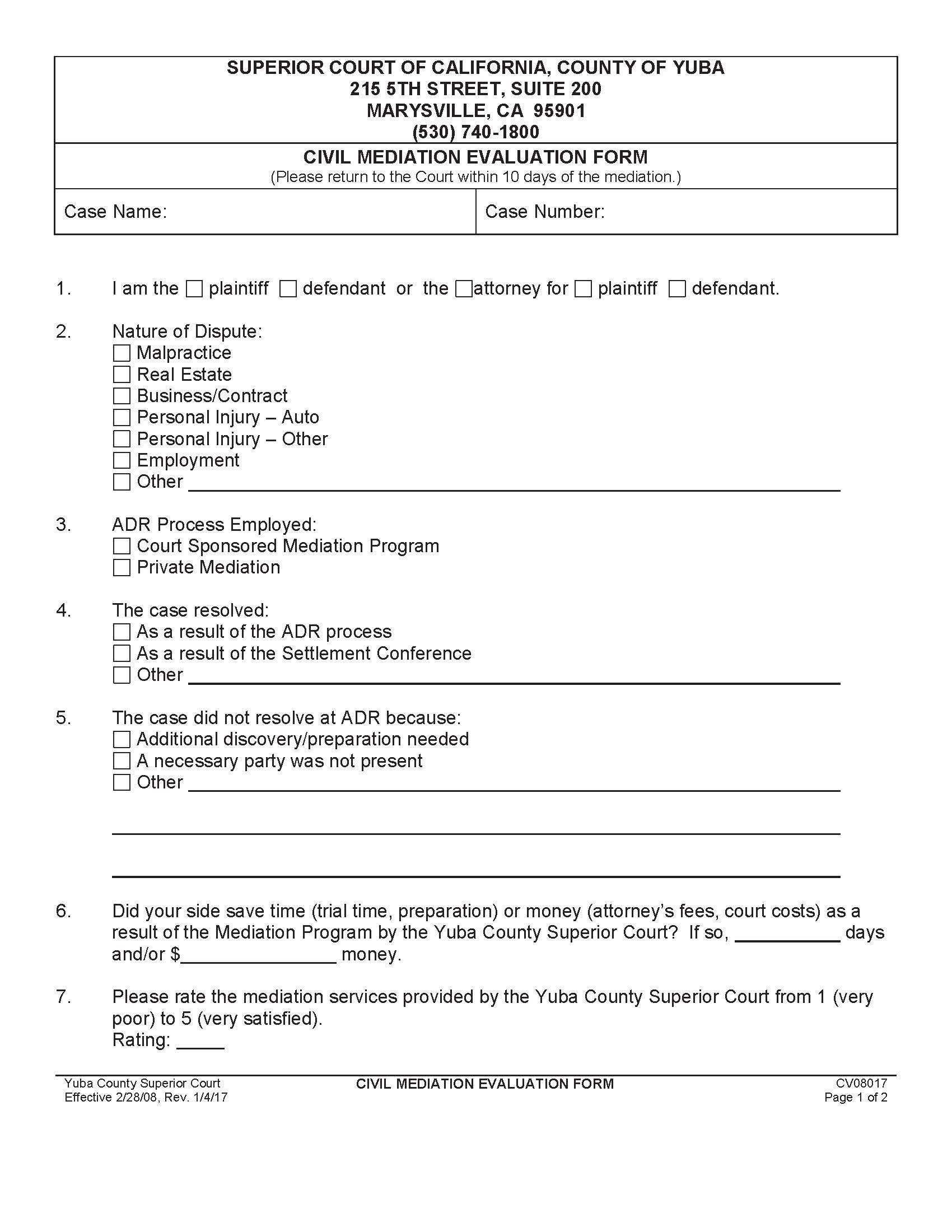 Civil Mediation Evaluation Form {CV08017} | Pdf Fpdf Doc Docx | California