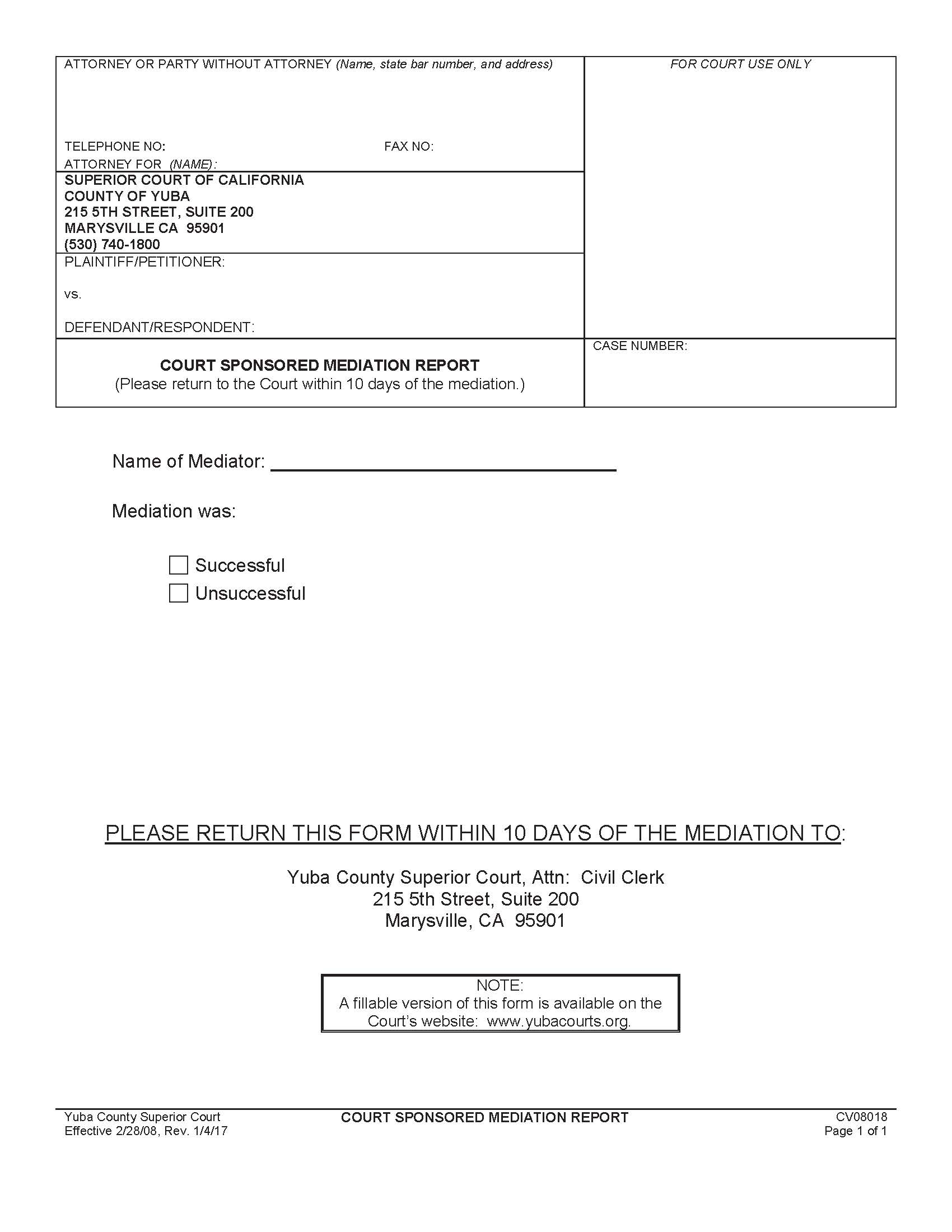 Court Sponsored Mediation Report {CV08018} | Pdf Fpdf Doc Docx | California