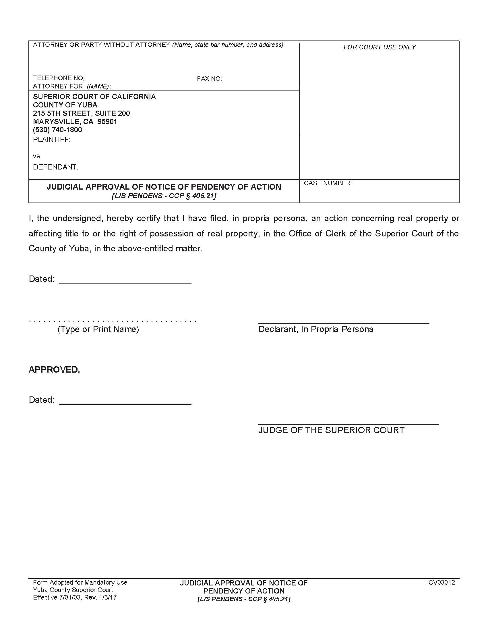 Judicial Approval Of Notice Of Pendency Of Action {CV0312} | Pdf Fpdf Doc Docx | California