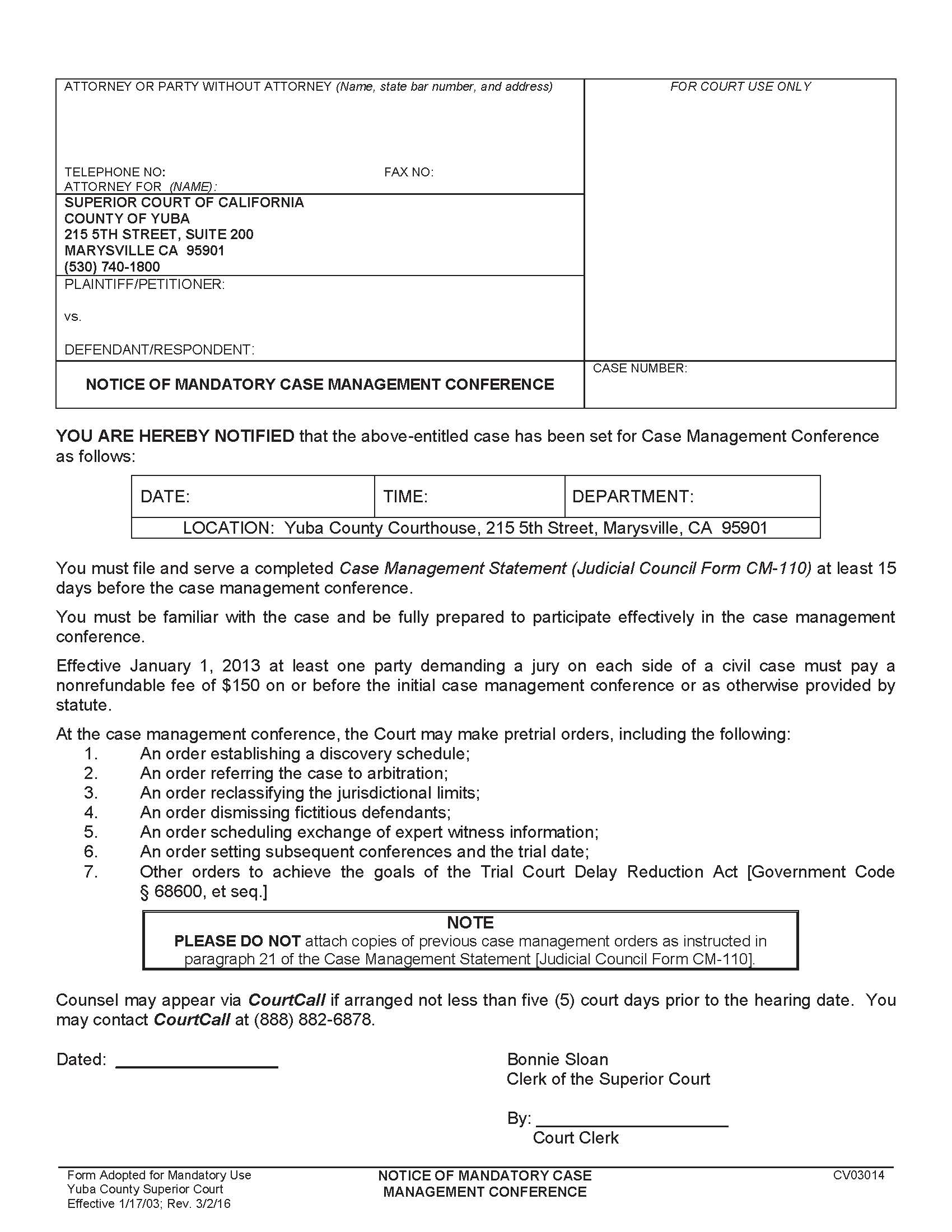 Notice Of Mandatory Case Management Conference {CV03014} | Pdf Fpdf Doc Docx | California