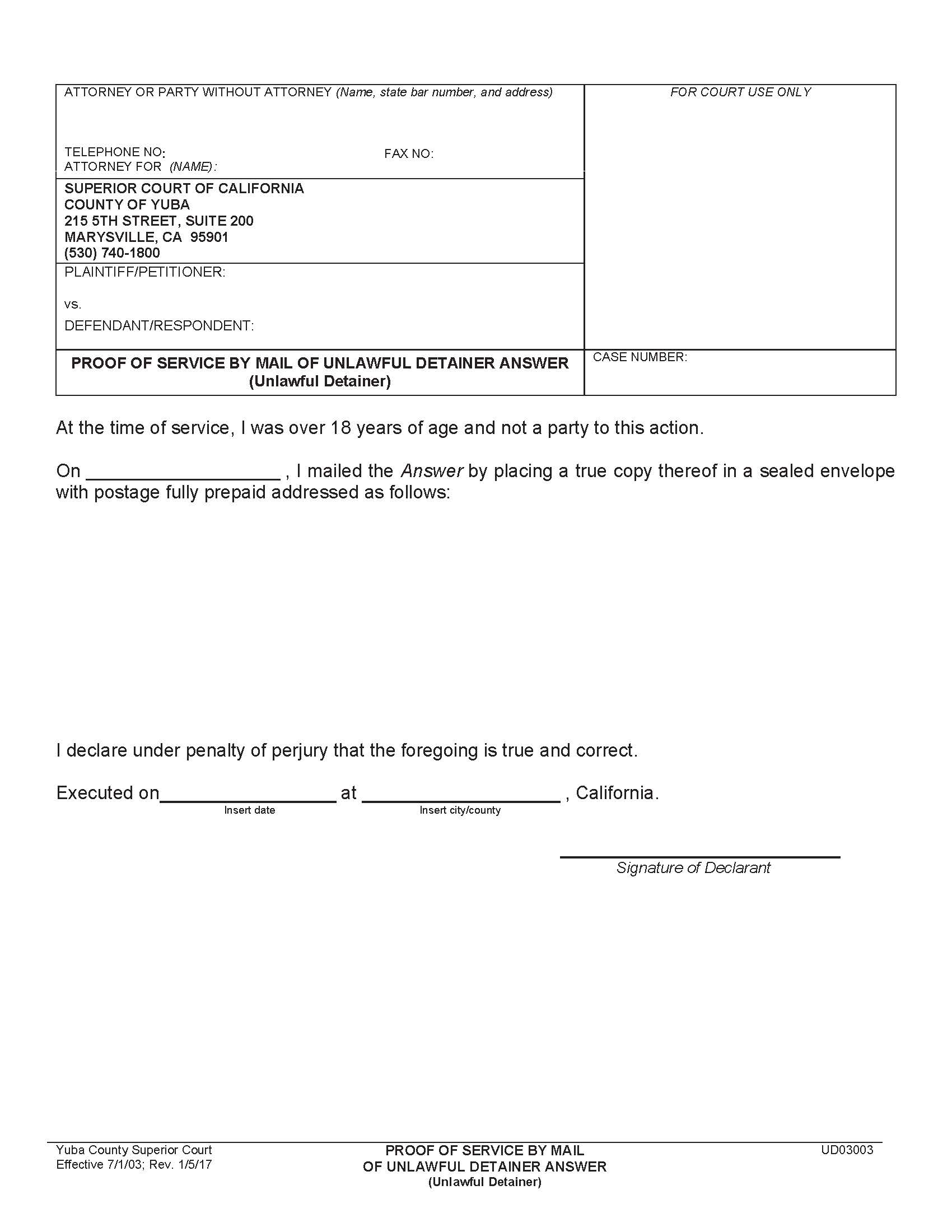 Proof Of Service By Mail Of Unlawful Detainer Answer {UD03003} | Pdf Fpdf Doc Docx | California