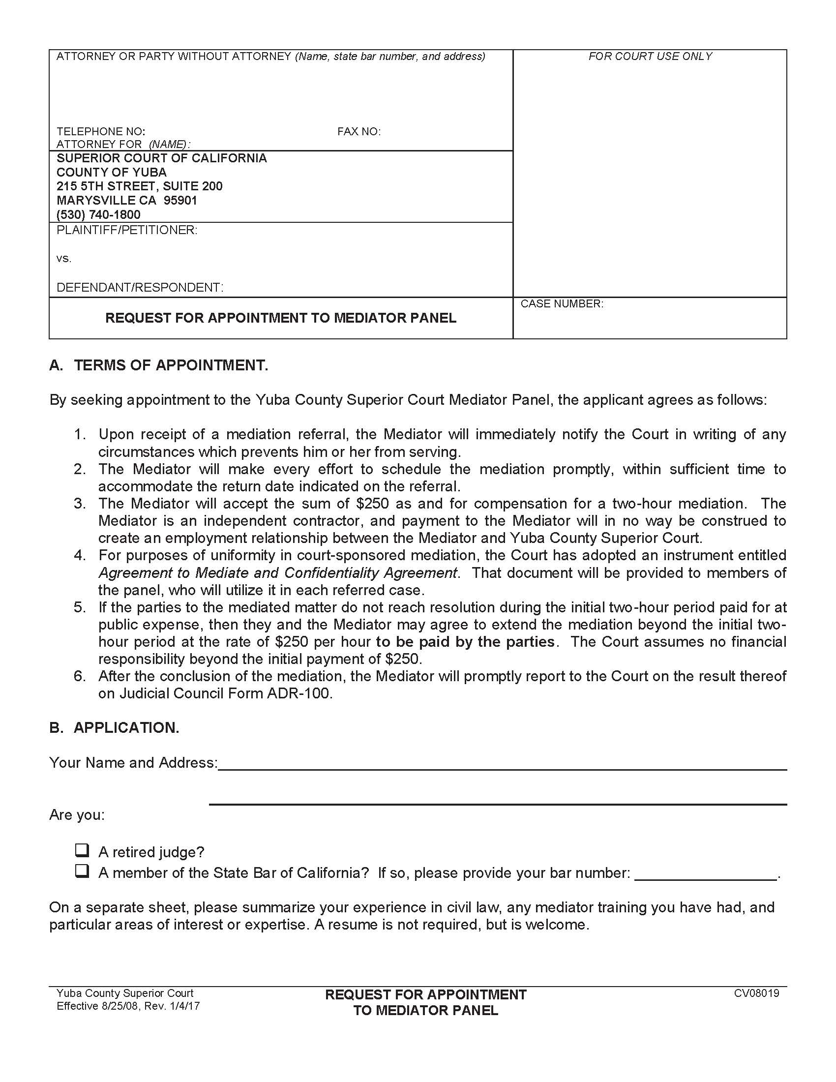 Request For Appointment To Mediator Panel {CV08019} | Pdf Fpdf Doc Docx | California