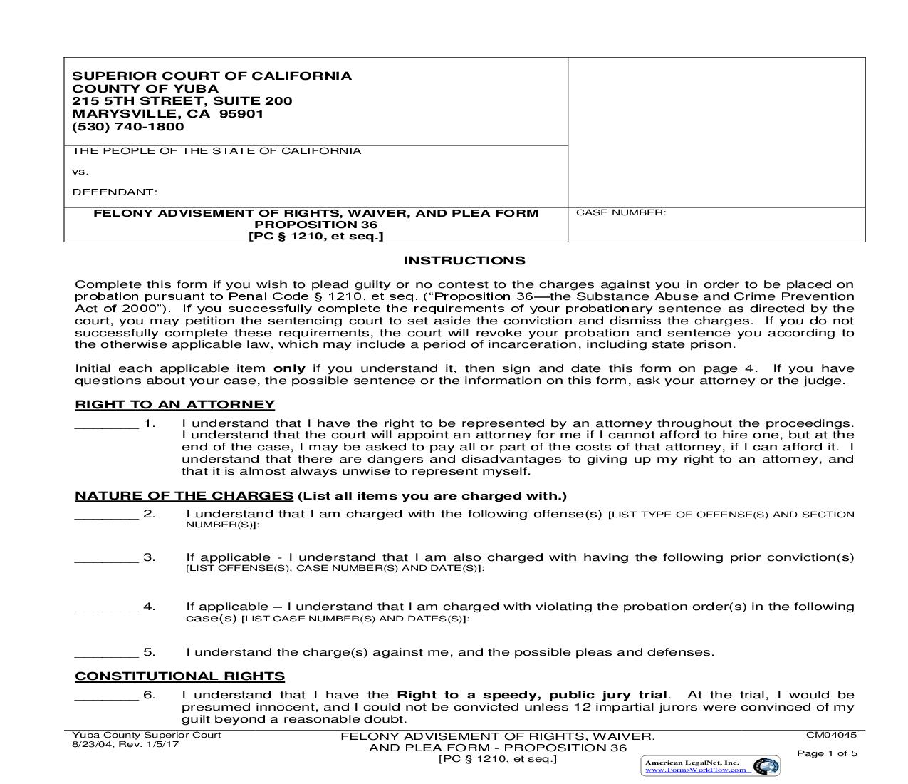 Felony Advisement Of Rights Waiver And Plea Form-Propositon 36 (PC 1210) {CM04045} | Pdf Fpdf Doc Docx | California