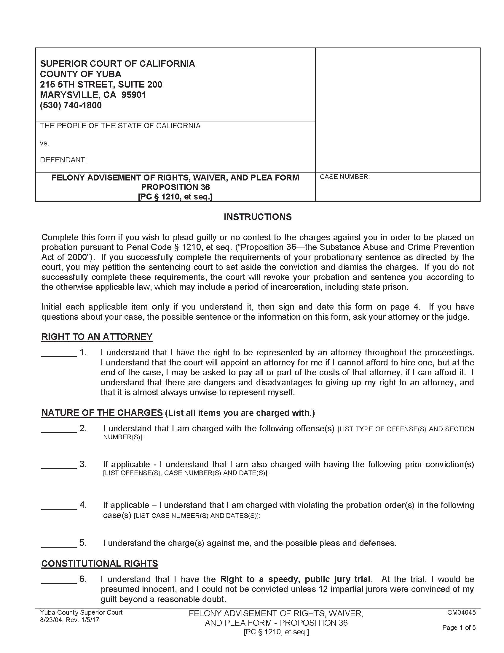 Felony Advisement Of Rights Waiver And Plea Form-Propositon 36 (PC 1210) {CM04045} | Pdf Fpdf Doc Docx | California