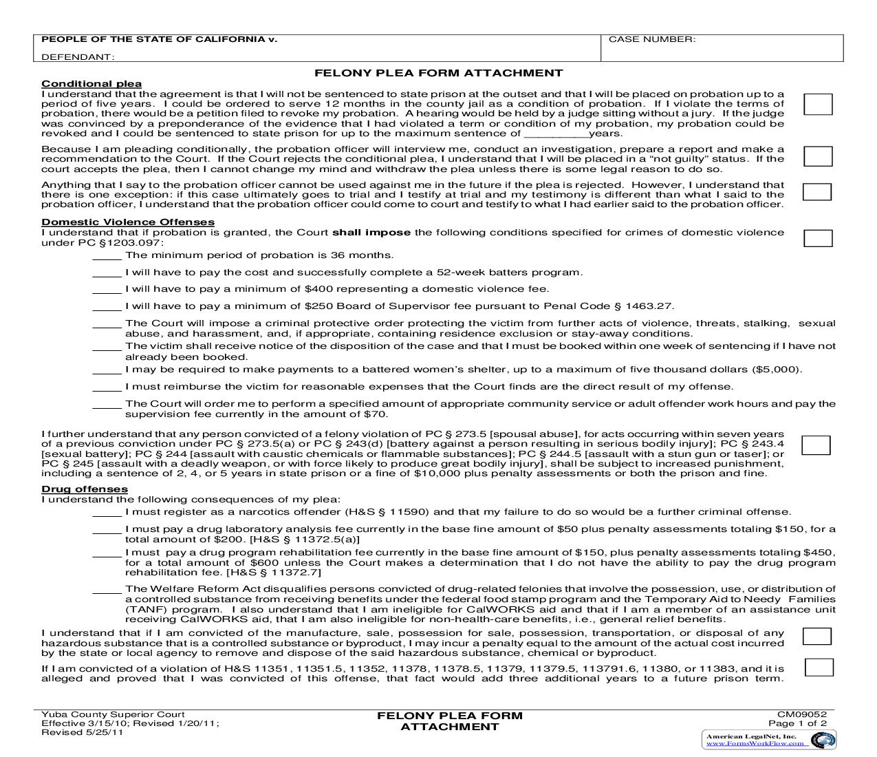 Felony Plea Form Attachment {CM09052} | Pdf Fpdf Doc Docx | California