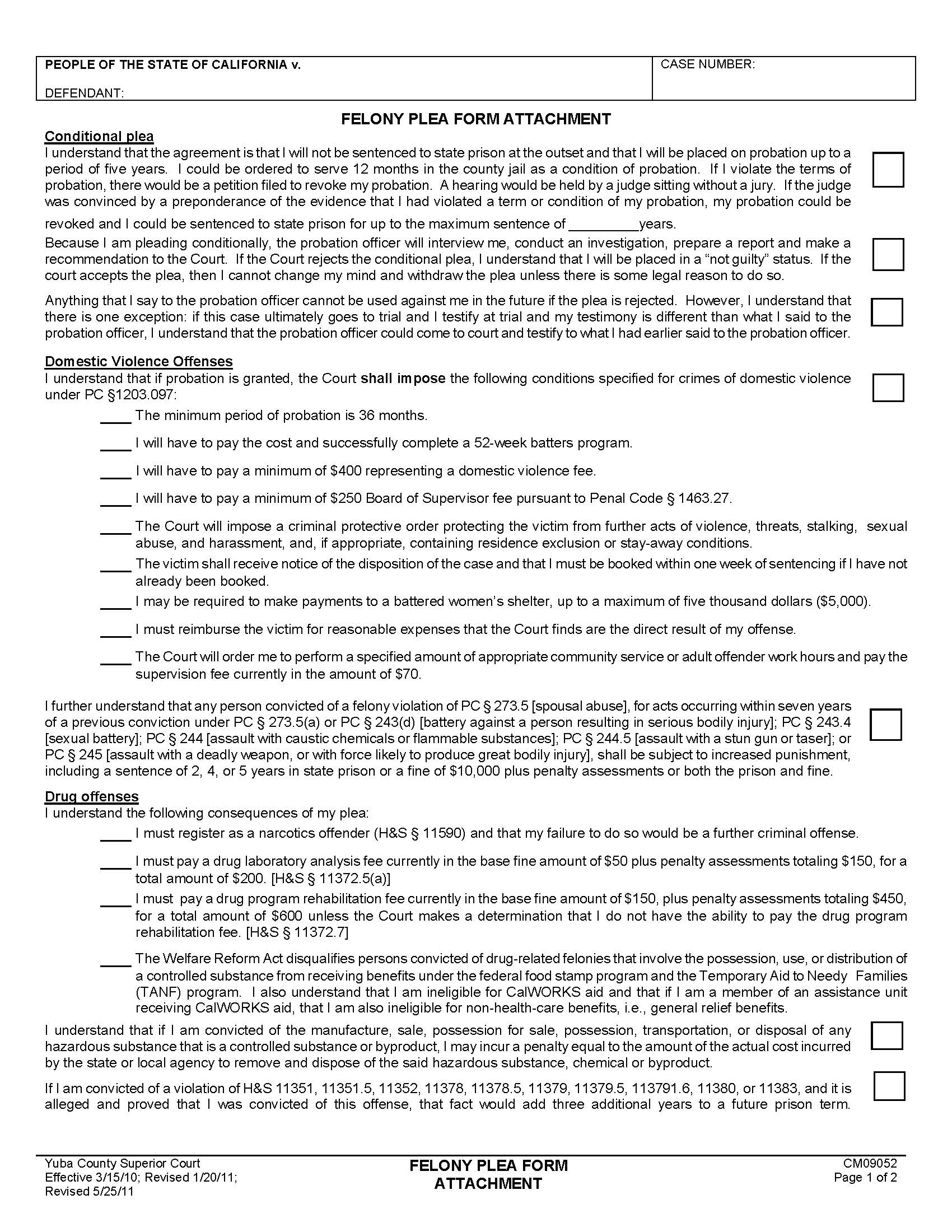 Felony Plea Form Attachment {CM09052} | Pdf Fpdf Doc Docx | California