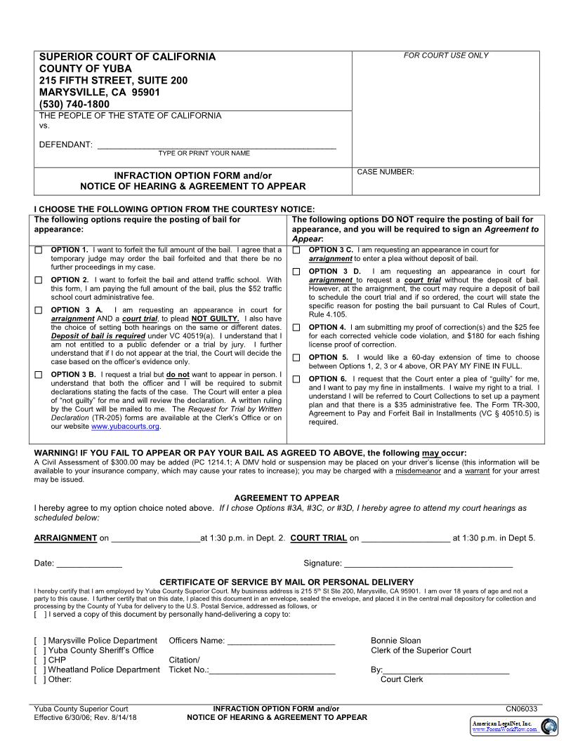 Infraction Option Form And-Or Notice Of Hearing-Agreement To Appear (Traffic) {CN06033} | Pdf Fpdf Docx | California