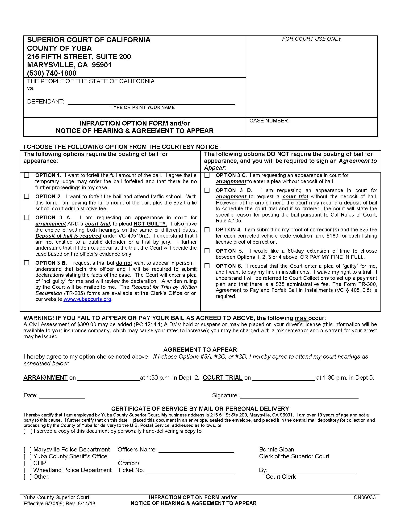 Infraction Option Form And-Or Notice Of Hearing-Agreement To Appear (Traffic) {CN06033} | Pdf Fpdf Docx | California
