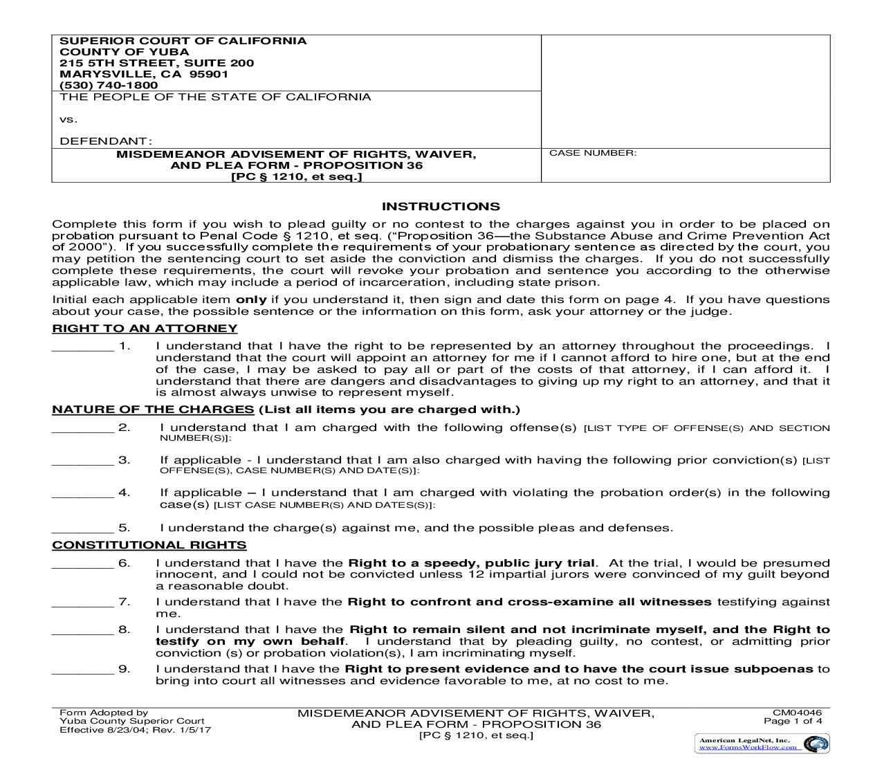 Misdemeanor Advisement Of Rights Waiver And Plea Form-Proposition 36 (PC 1210) {CM04046} | Pdf Fpdf Doc Docx | California