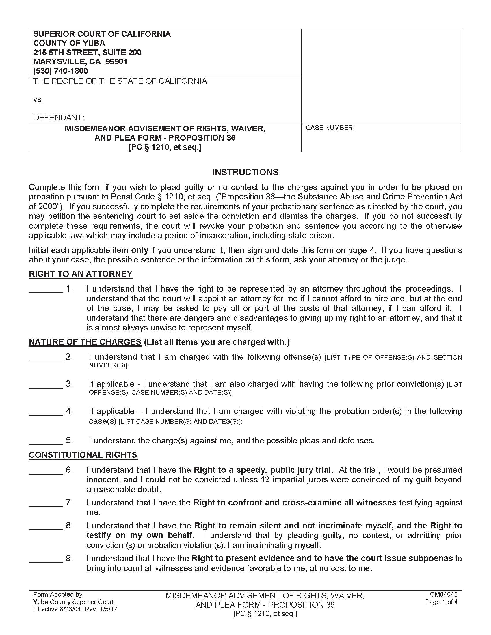 Misdemeanor Advisement Of Rights Waiver And Plea Form-Proposition 36 (PC 1210) {CM04046} | Pdf Fpdf Doc Docx | California