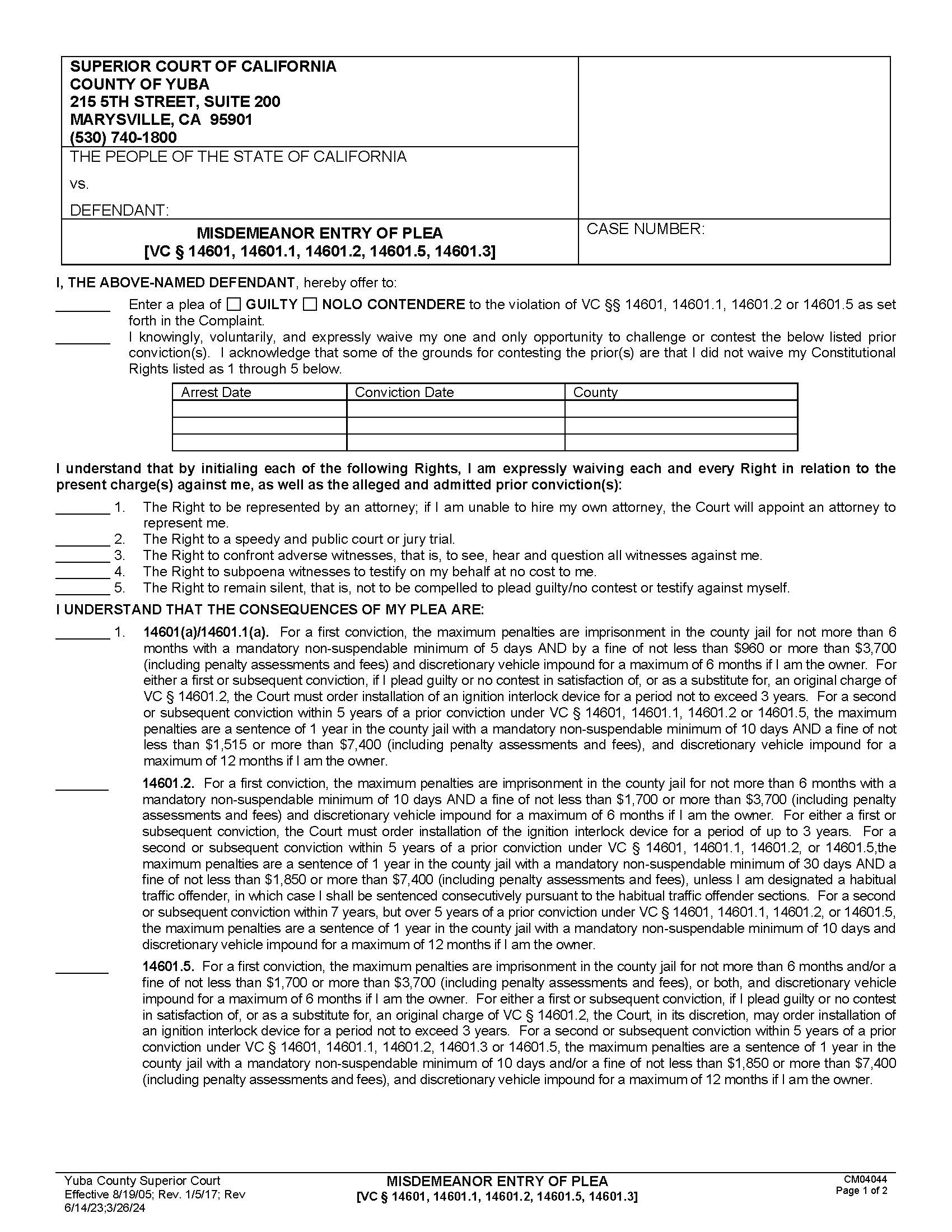 Misdemeanor Entry  Of Plea (VC 14601 14601.1 14601.2 14601.5) {CM04044} | Pdf Fpdf Doc Docx | California