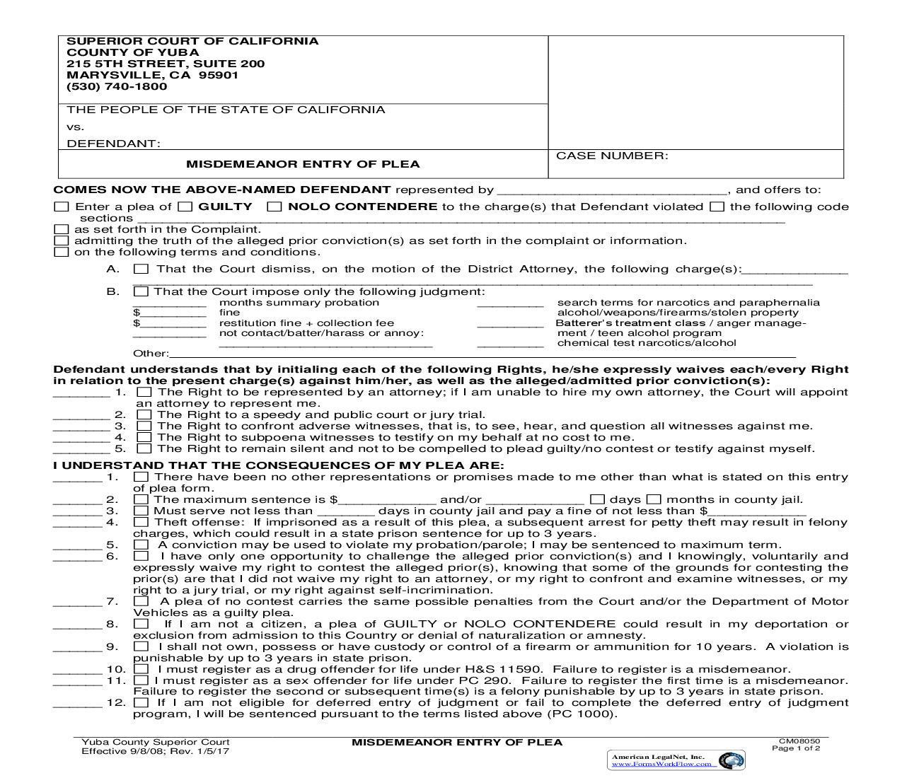 Misdemeanor Entry Of Plea {CM08050} | Pdf Fpdf Doc Docx | California