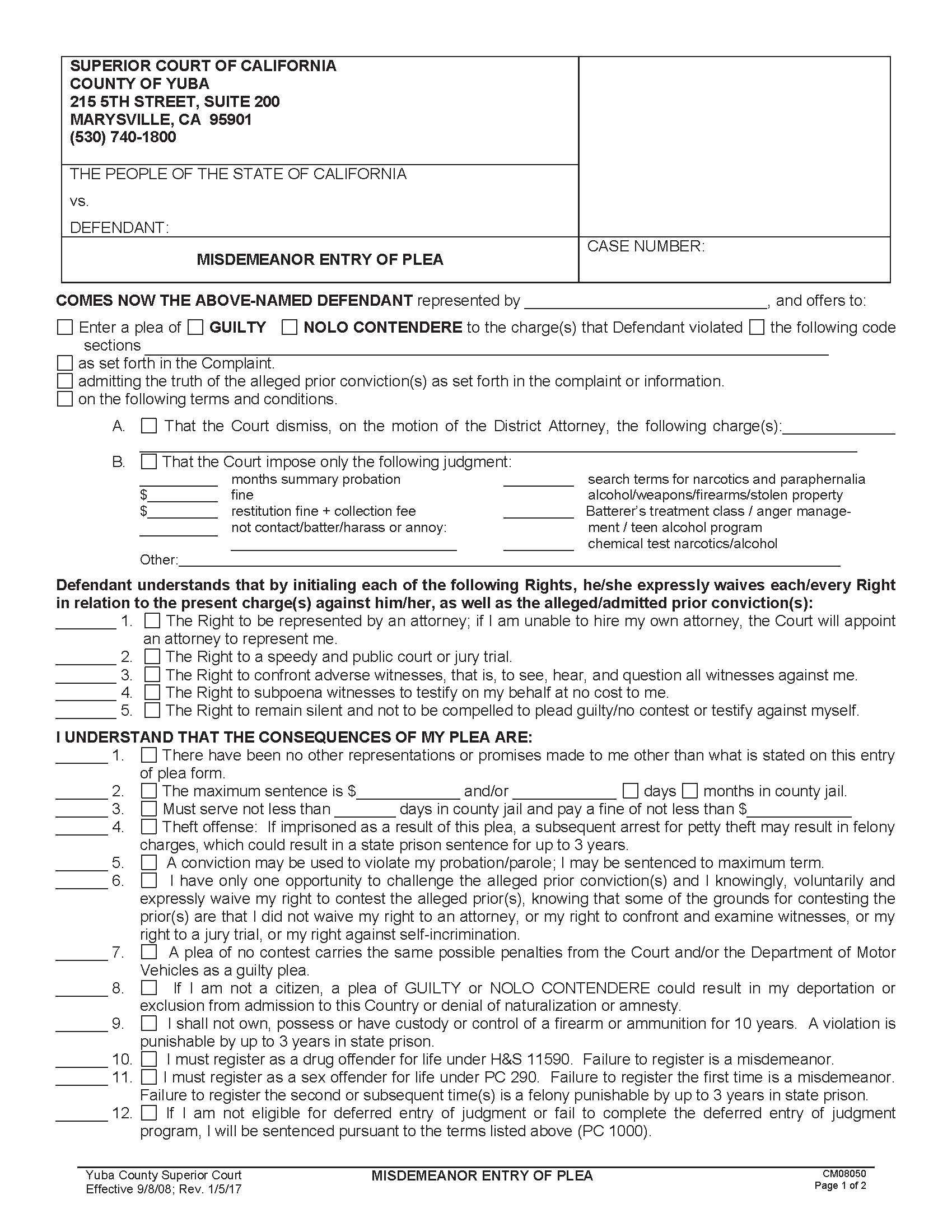 Misdemeanor Entry Of Plea {CM08050} | Pdf Fpdf Doc Docx | California