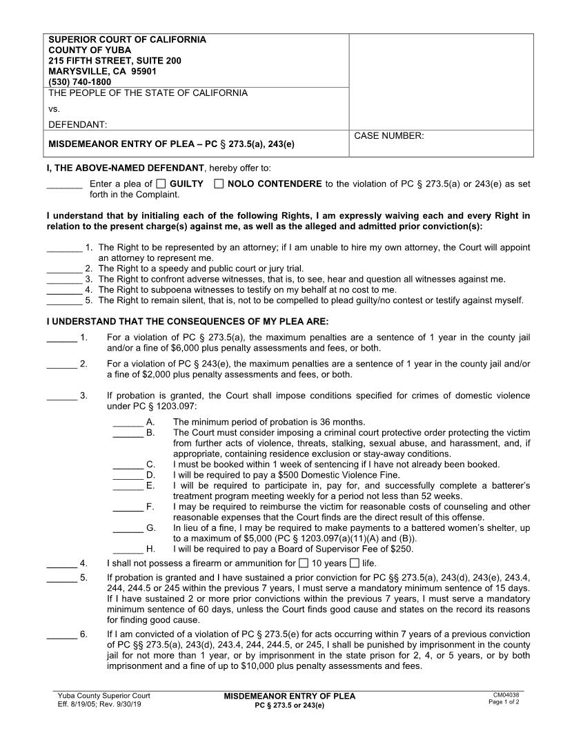 Misdemeanor Entry Of Plea (PC 273.5 Or 234(e)) {CM04038} | Pdf Fpdf Doc Docx | California