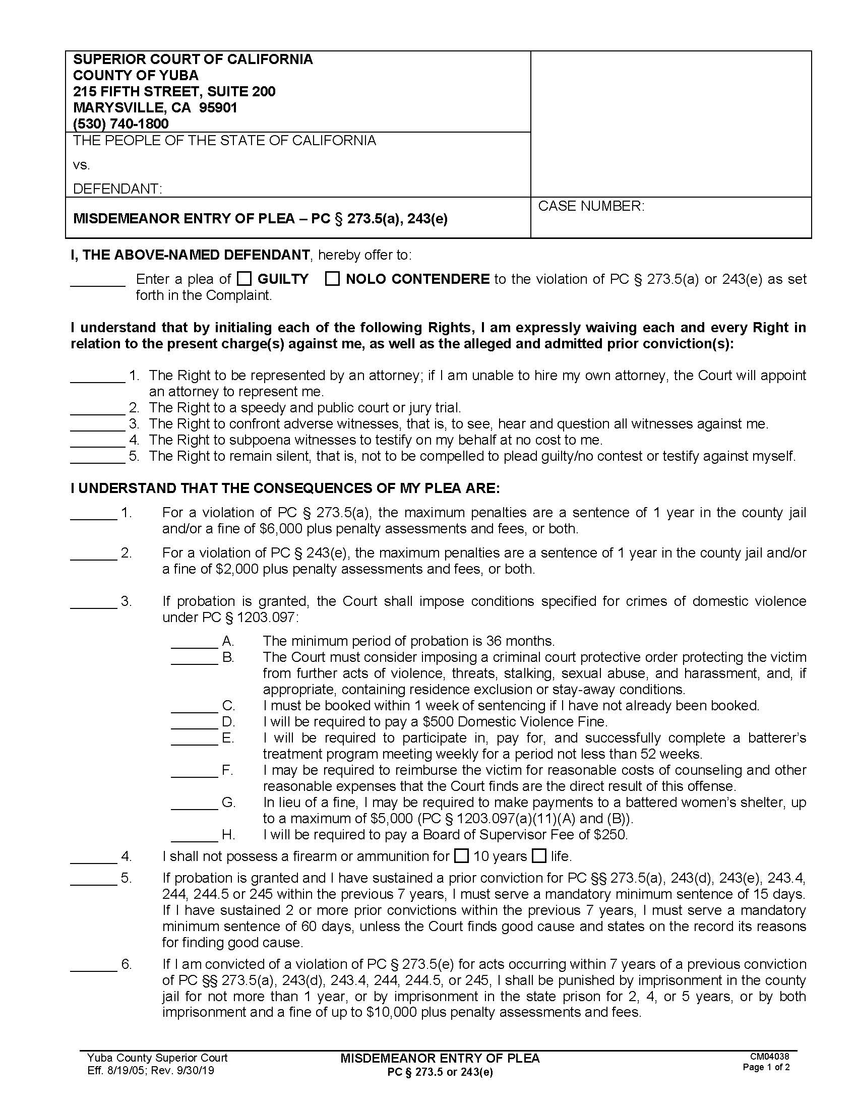 Misdemeanor Entry Of Plea (PC 273.5 Or 234(e)) {CM04038} | Pdf Fpdf Doc Docx | California